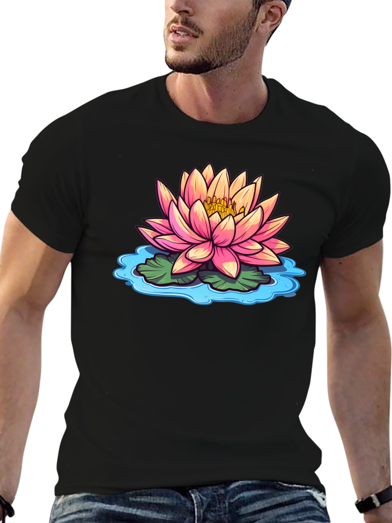 Lotus Flower Graphic Print Black T-Shirt