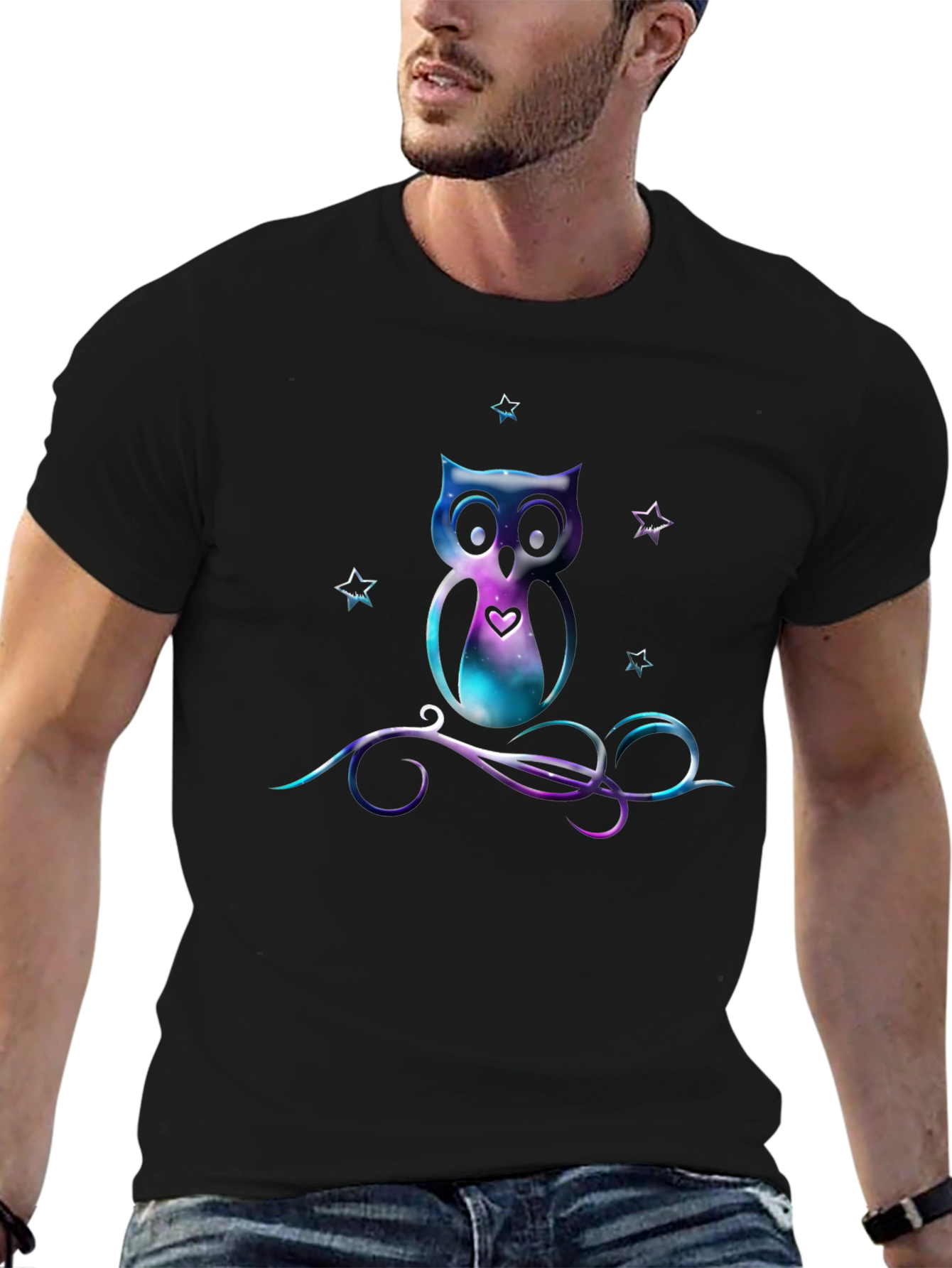 Galaxy Owl Graphic Tee - Stylish Mens Black T-Shirt
