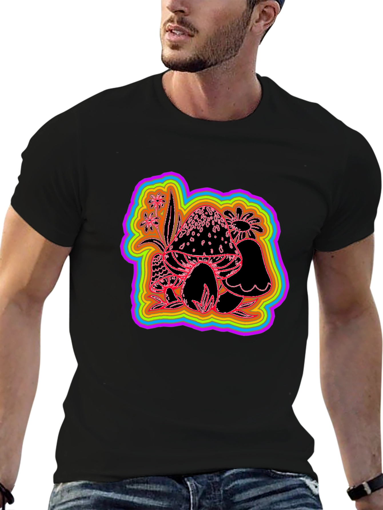 Psychedelic Mushroom Graphic Tee - Black