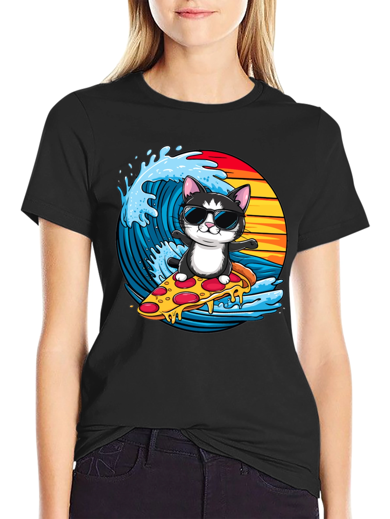 Cool Cat Pizza Surfer T-Shirt