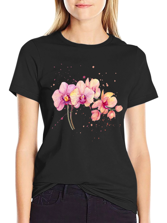 Orchid Floral Print Black T-Shirt