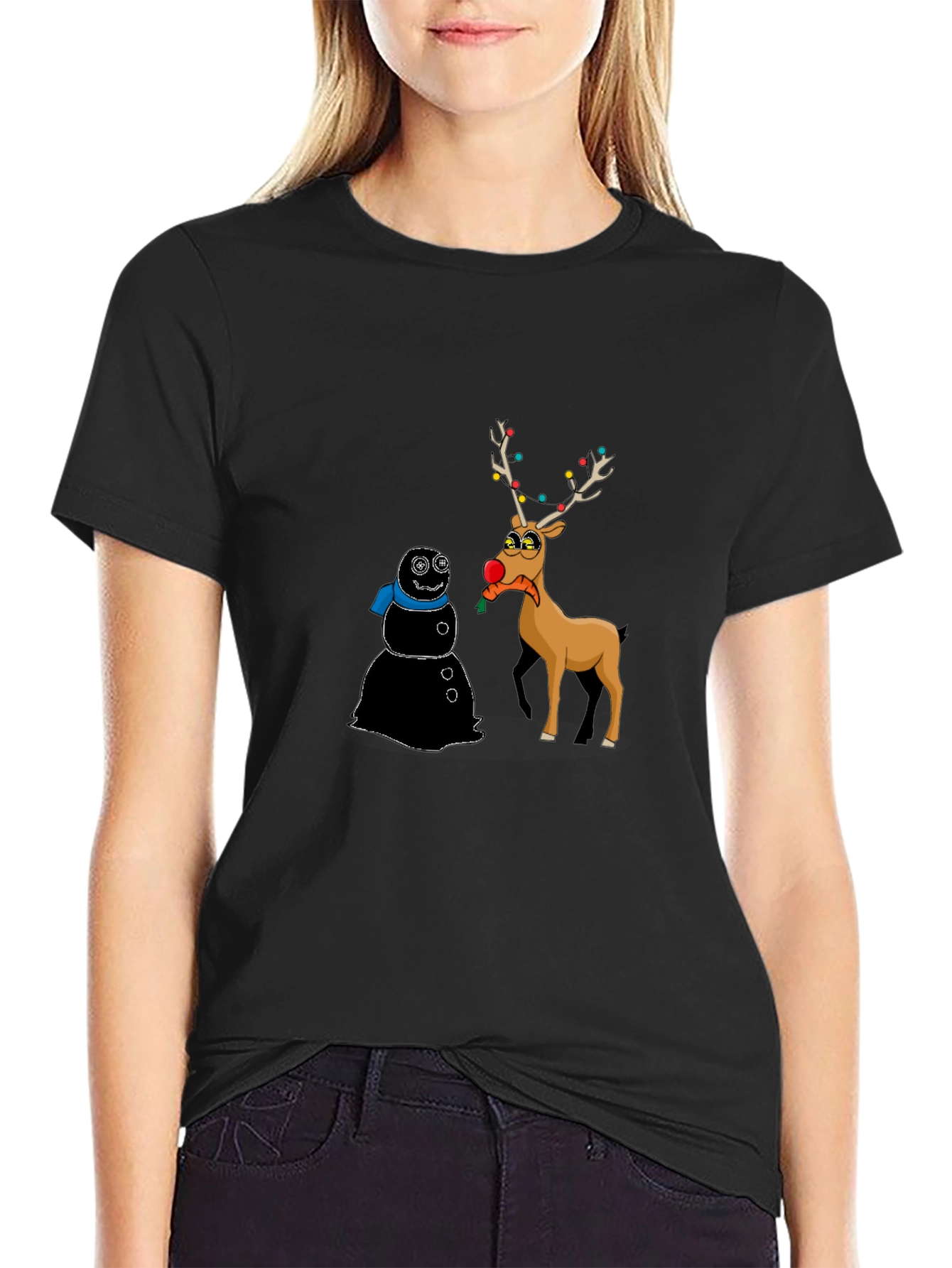 Funny Christmas T-Shirt: Cartoon Reindeer & Snowman