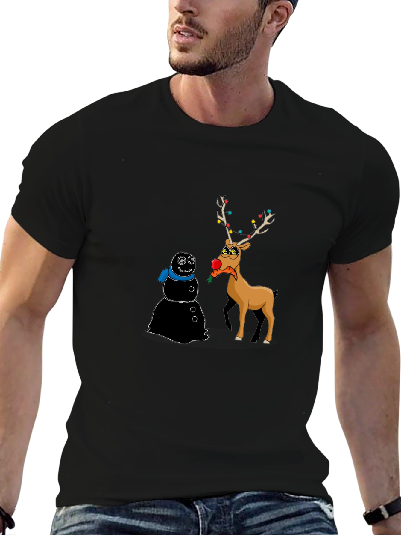 Funny Christmas T-Shirt: Cartoon Reindeer & Snowman