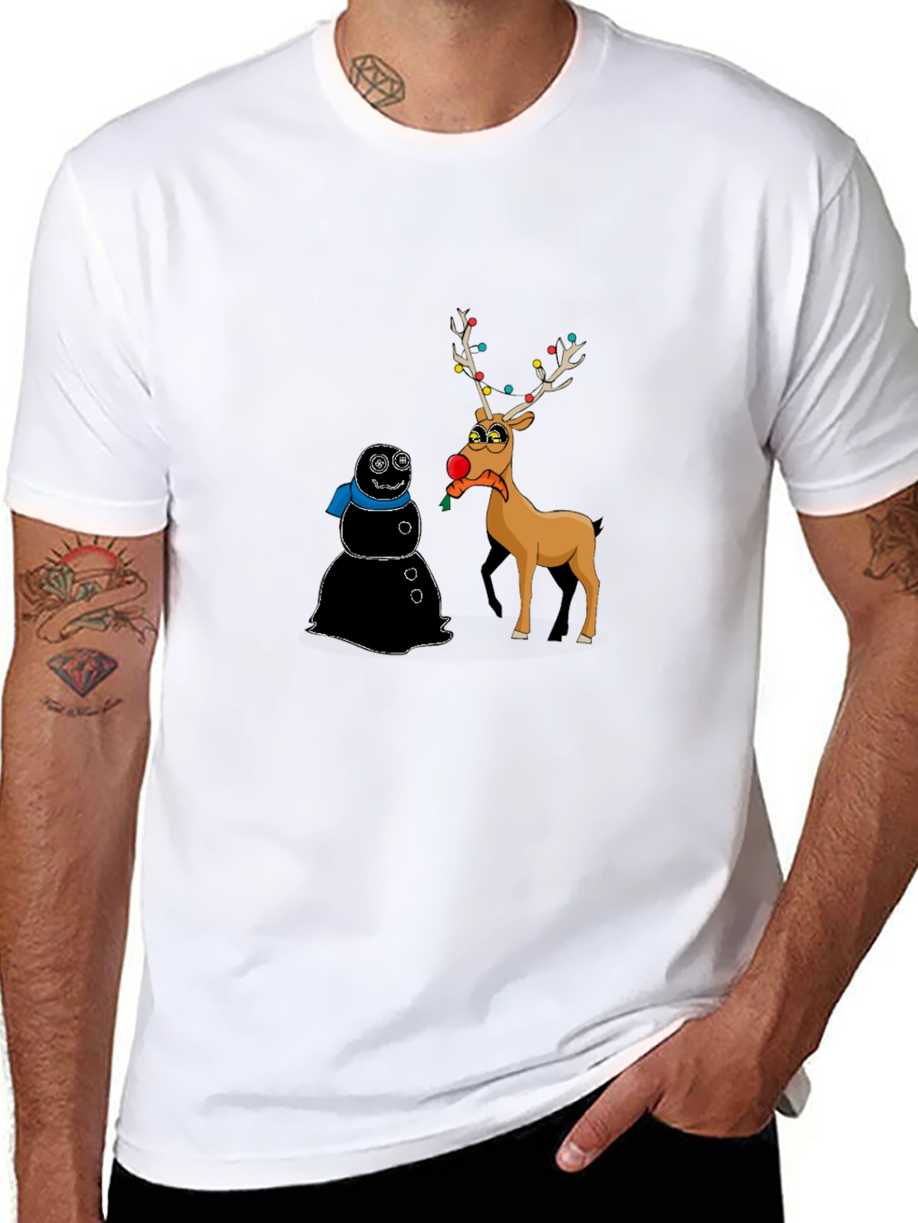 Funny Christmas T-Shirt: Cartoon Reindeer & Snowman