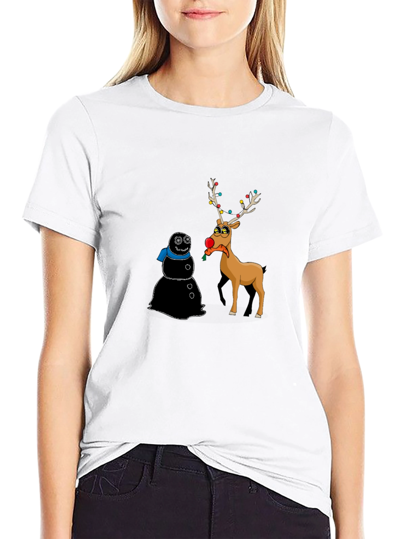 Funny Christmas T-Shirt: Cartoon Reindeer & Snowman