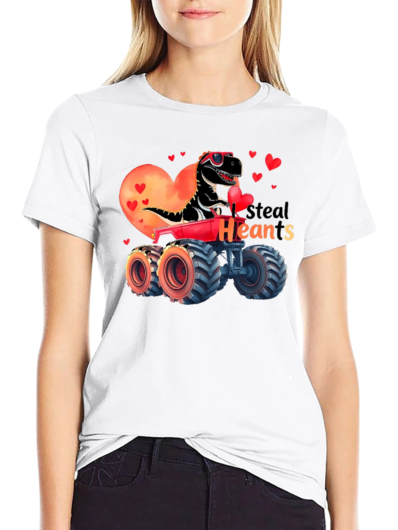 Steal Hearts Valentine Dinosaur Monster Truck T-Shirt