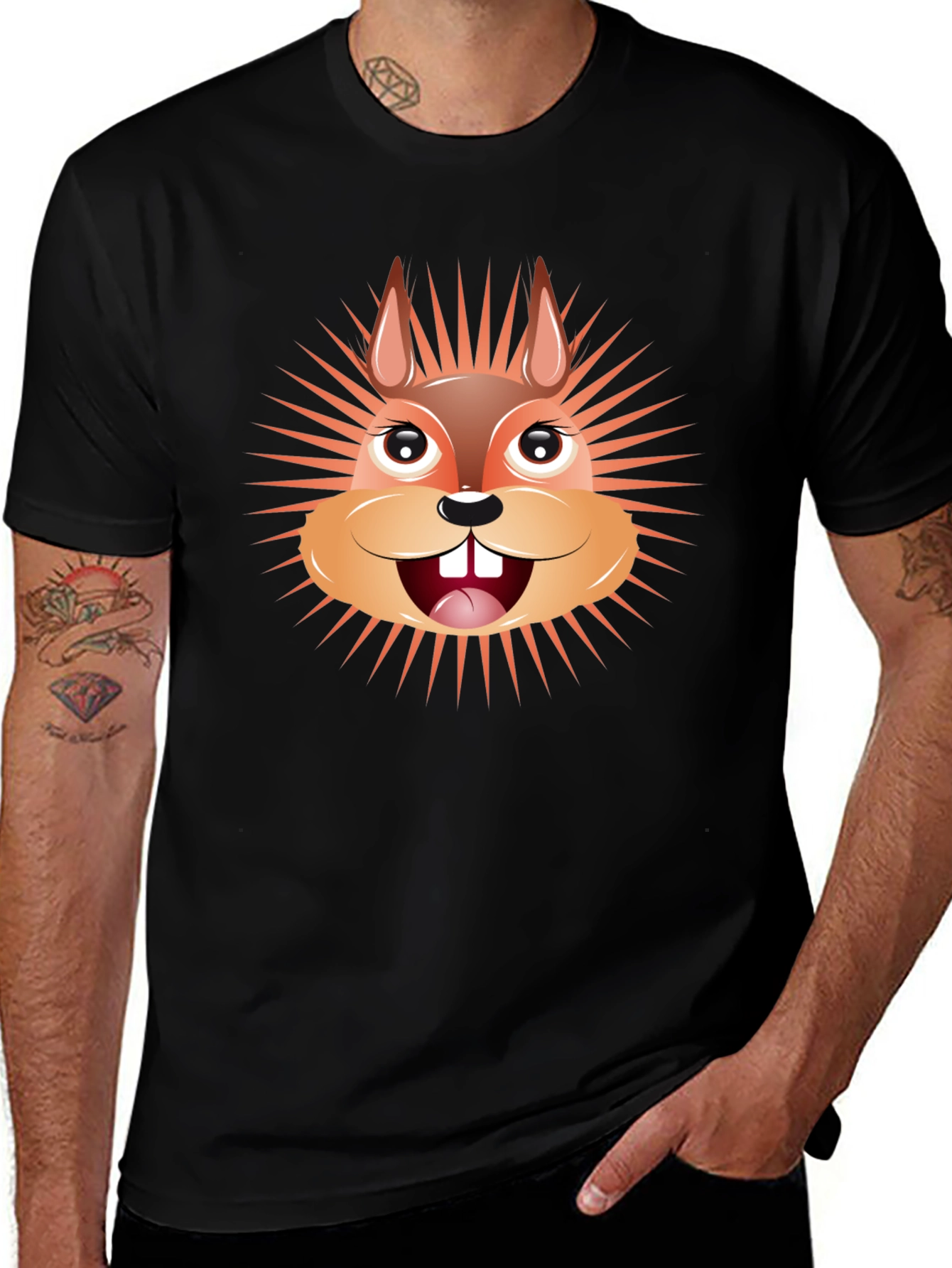 Cartoon Squirrel Graphic Tee - Black Cotton T-Shirt
