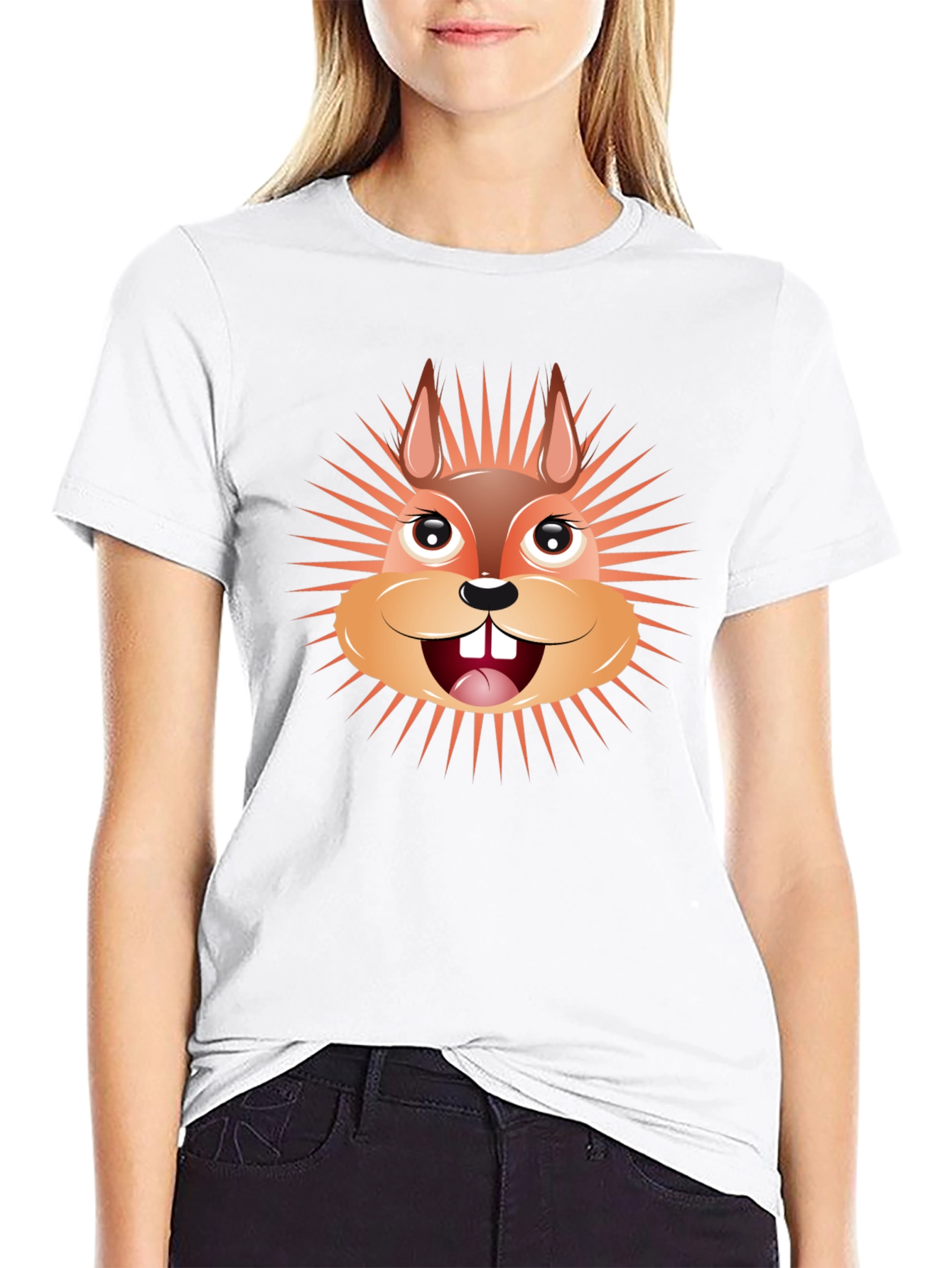 Cartoon Squirrel Graphic Tee - Black Cotton T-Shirt