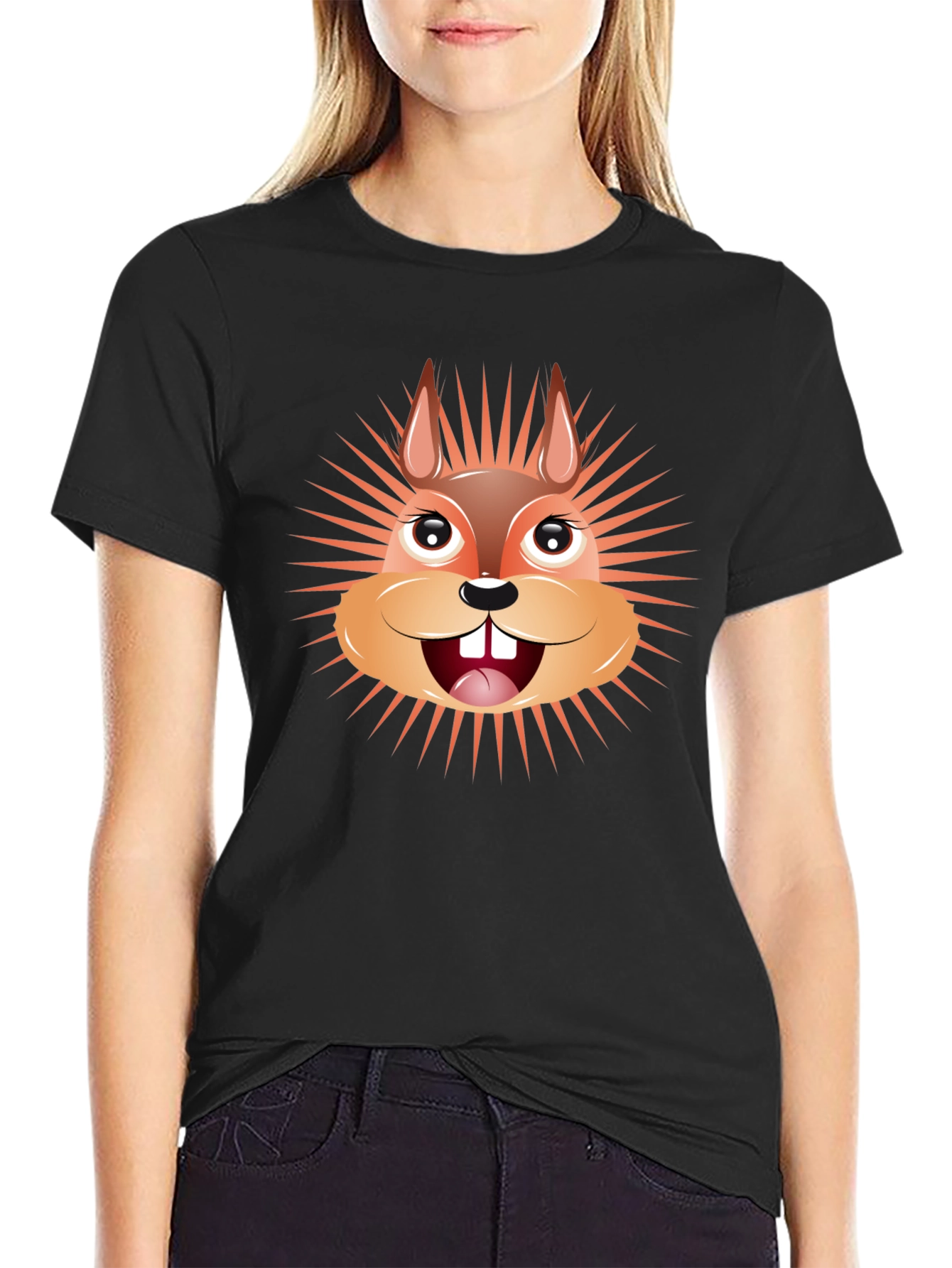 Cartoon Squirrel Graphic Tee - Black Cotton T-Shirt