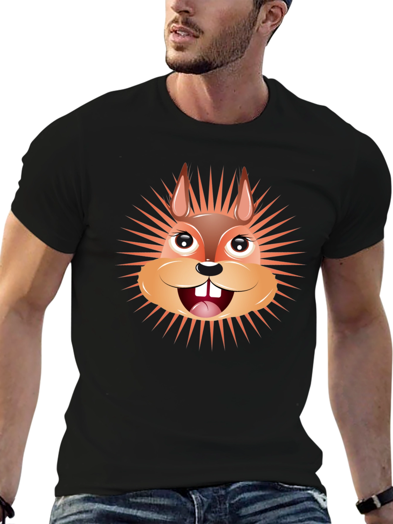 Cartoon Squirrel Graphic Tee - Black Cotton T-Shirt