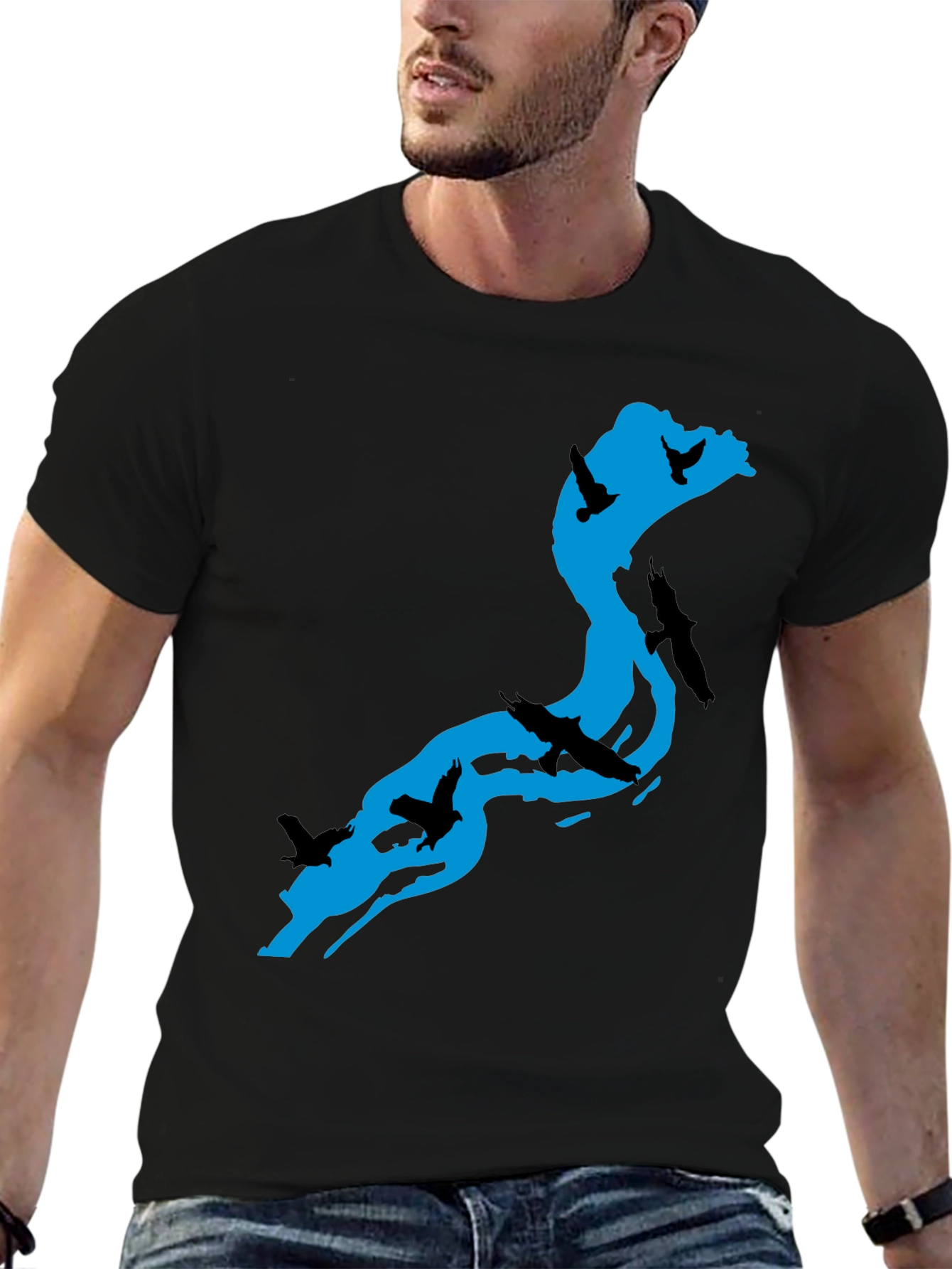 River Birds Graphic T-Shirt - Black Cotton Tee
