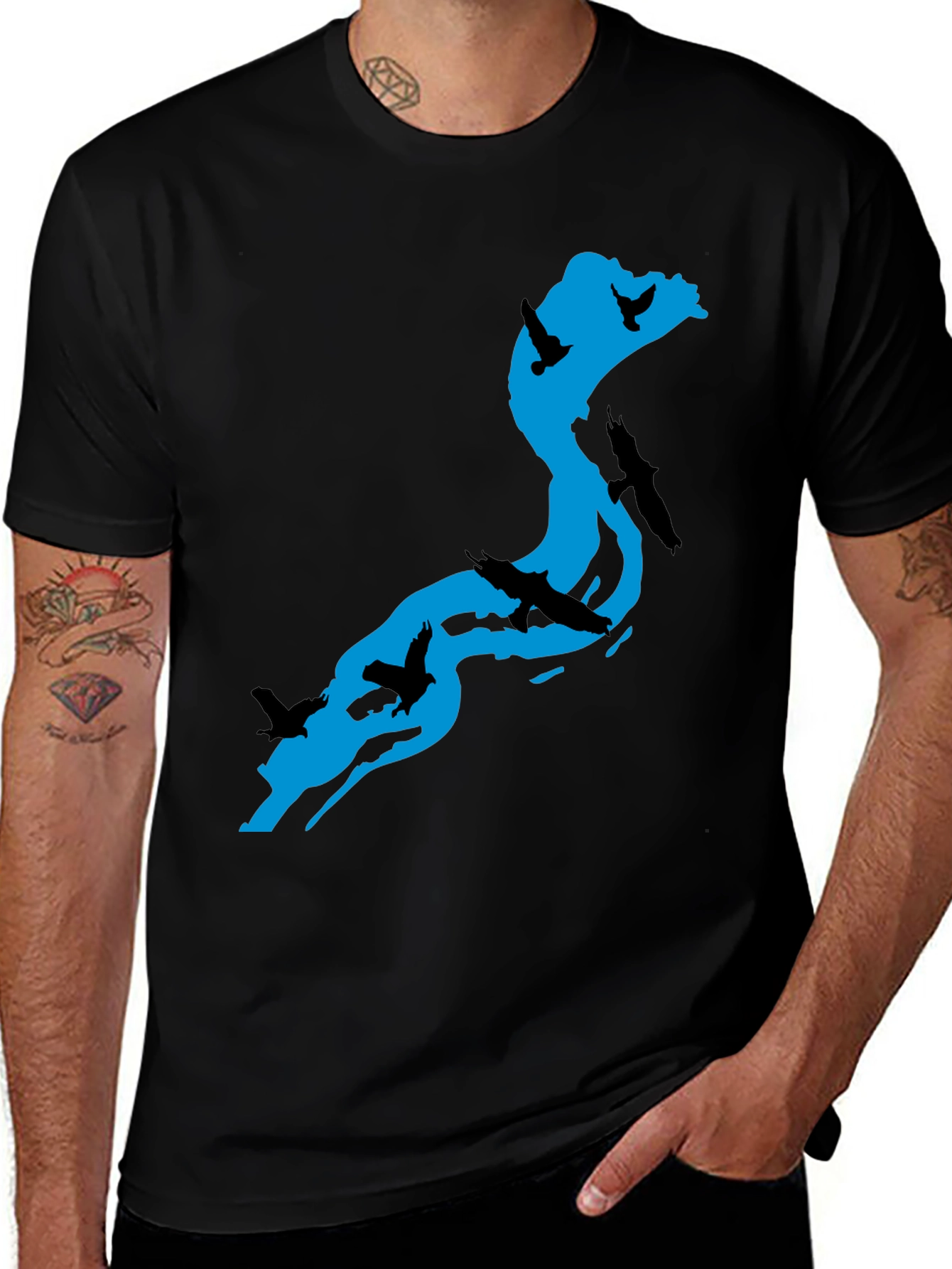 River Birds Graphic T-Shirt - Black Cotton Tee