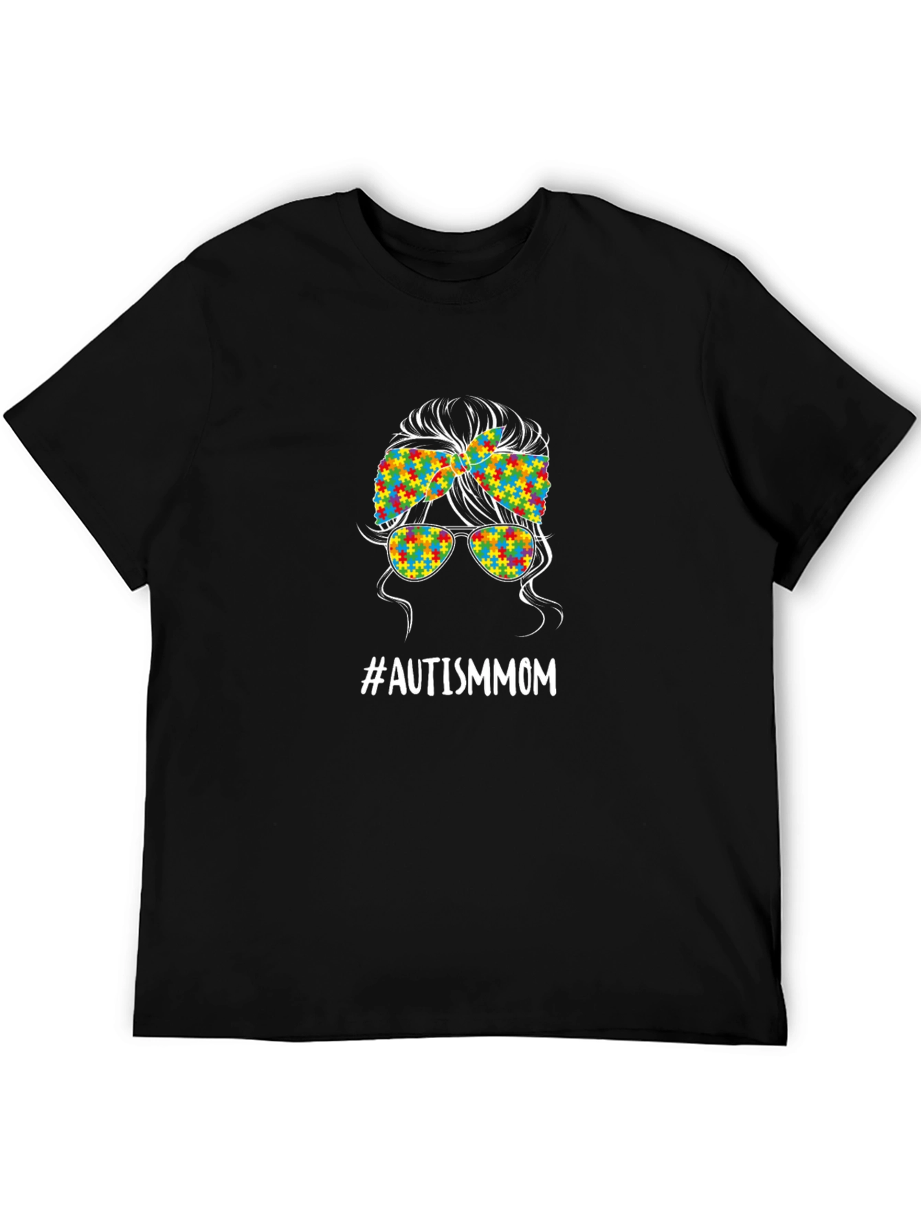 Autism Mom Messy Bun T-Shirt - Puzzle Piece Design