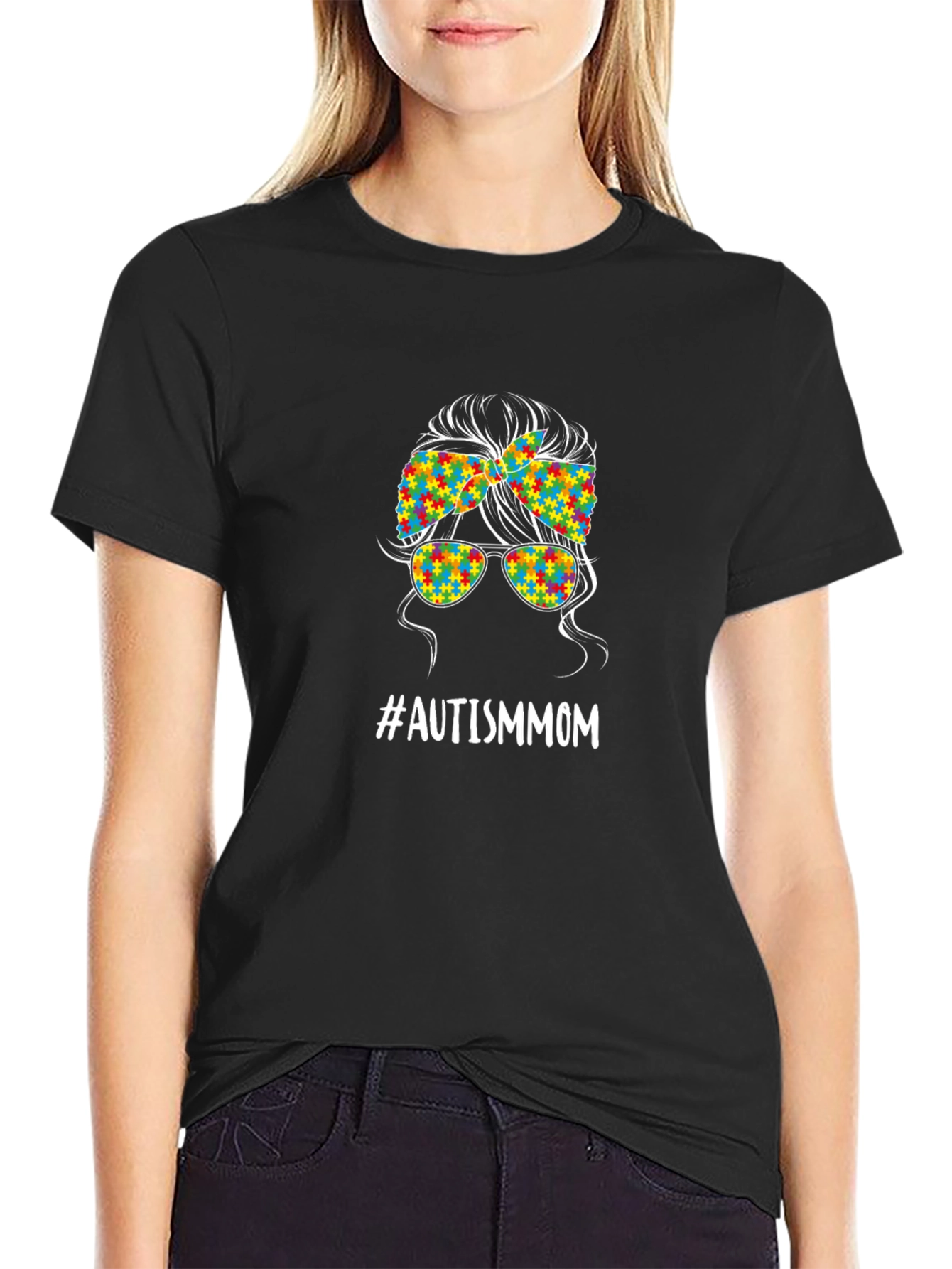 Autism Mom Messy Bun T-Shirt - Puzzle Piece Design