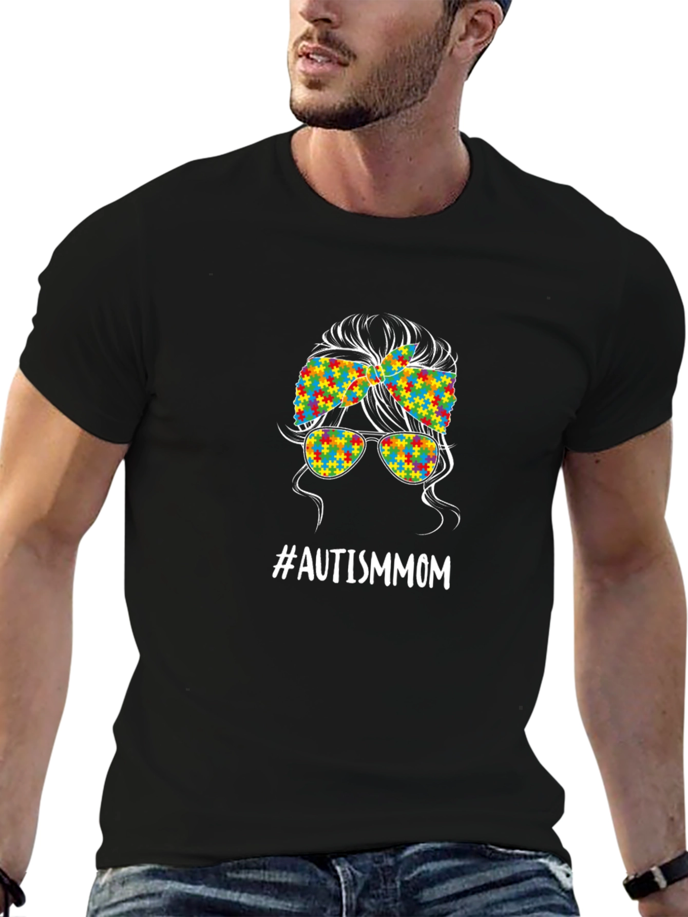 Autism Mom Messy Bun T-Shirt - Puzzle Piece Design