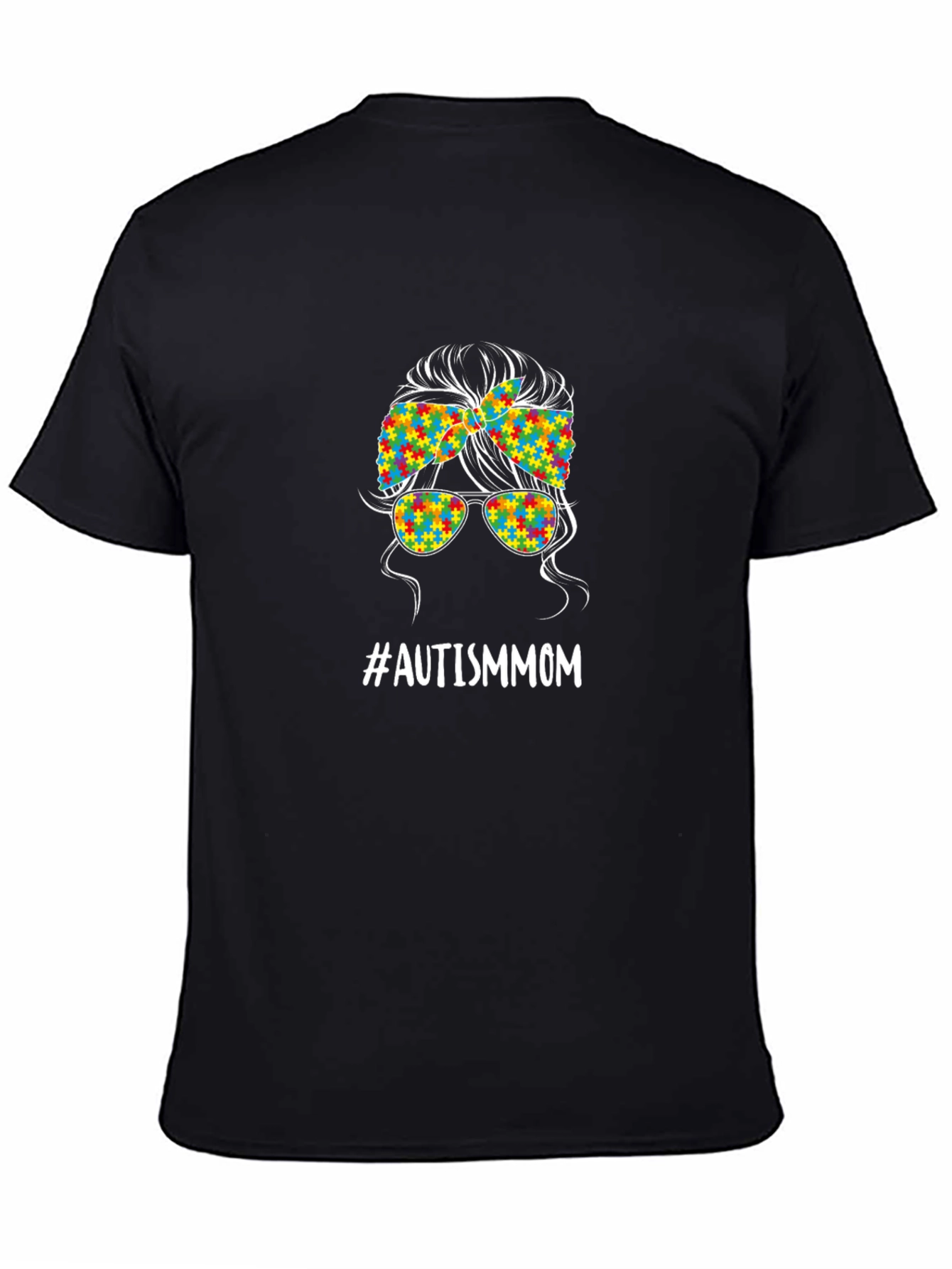 Autism Mom Messy Bun T-Shirt - Puzzle Piece Design