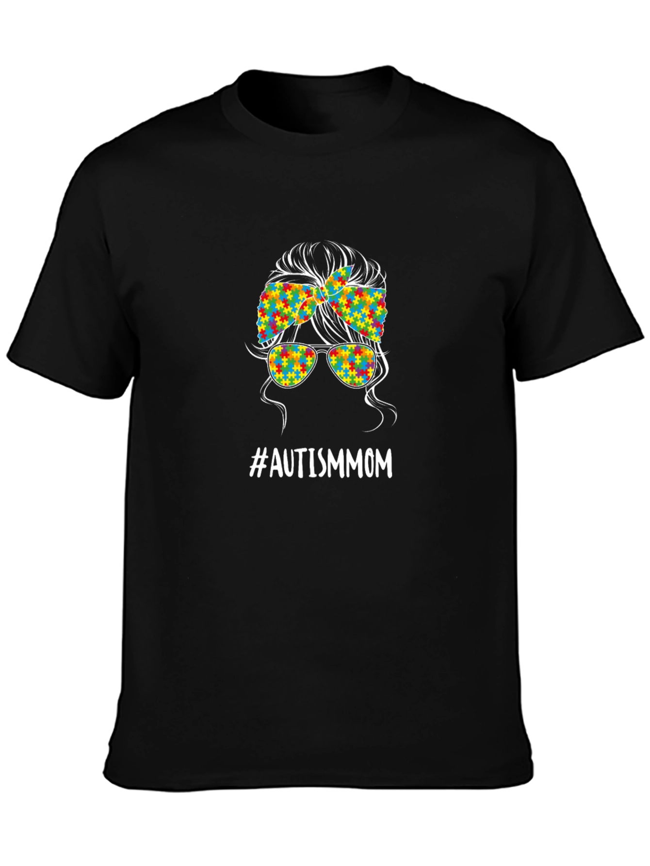 Autism Mom Messy Bun T-Shirt - Puzzle Piece Design