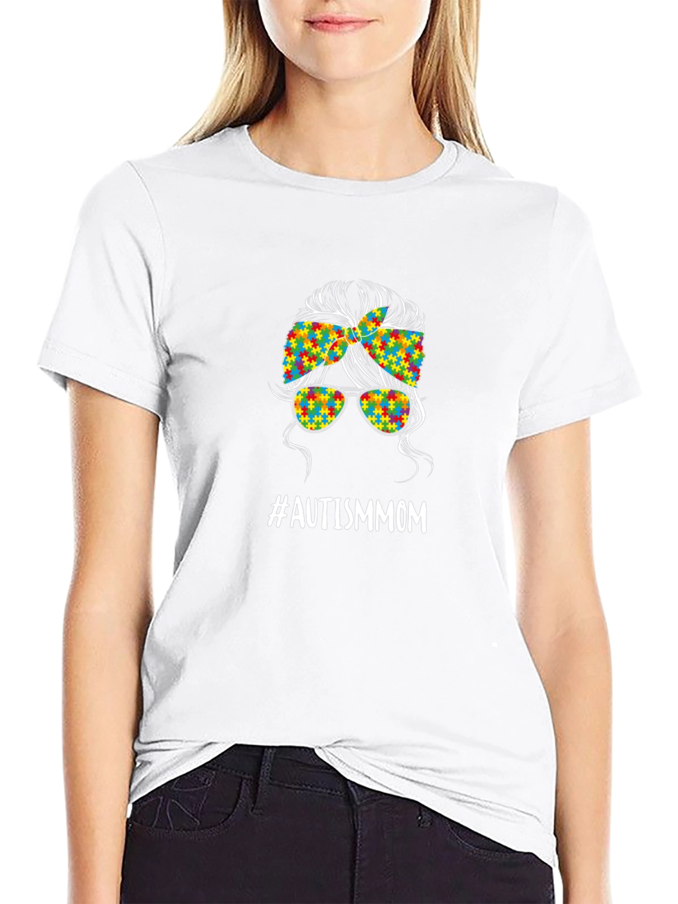 Autism Mom Messy Bun T-Shirt - Puzzle Piece Design