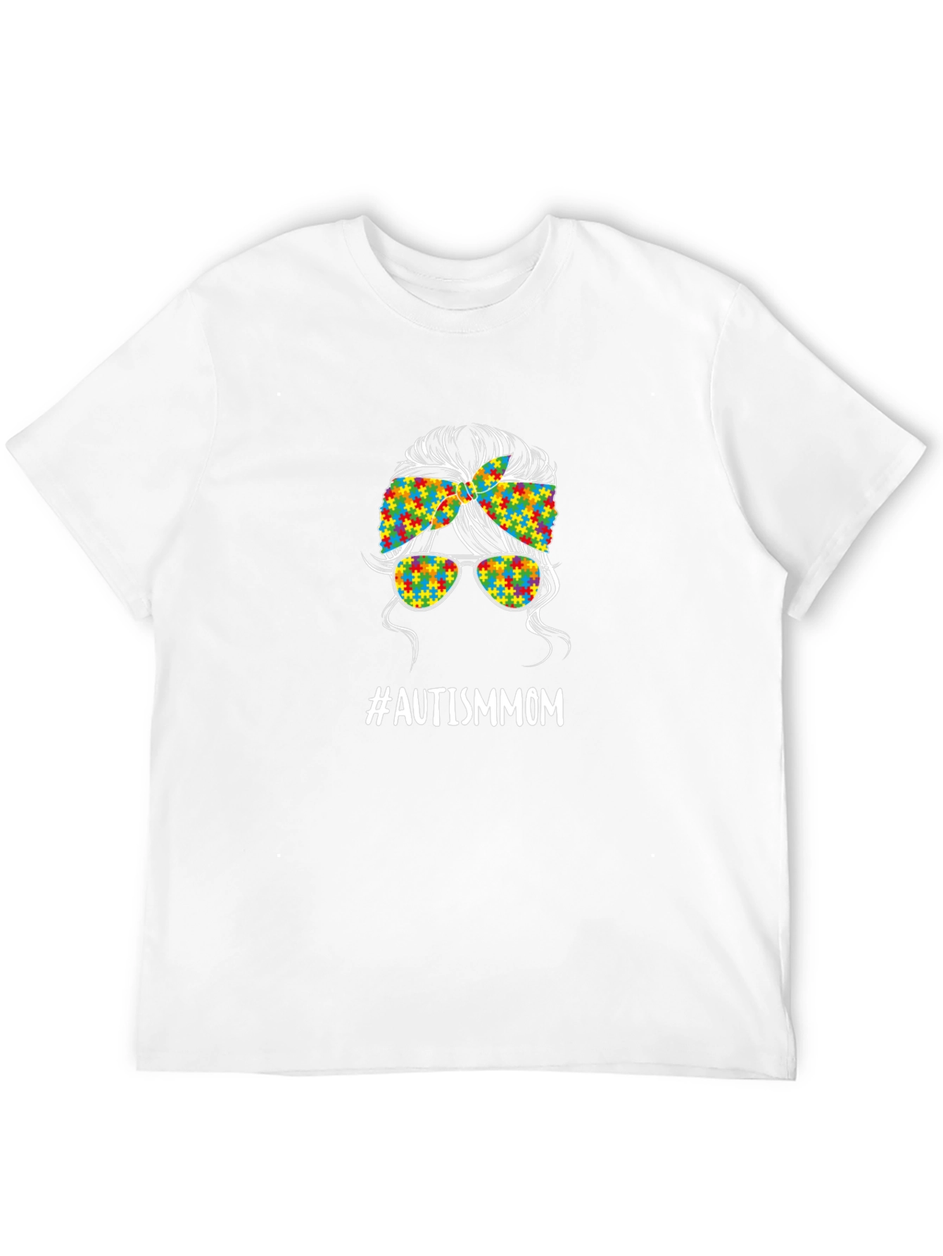 Autism Mom Messy Bun T-Shirt - Puzzle Piece Design
