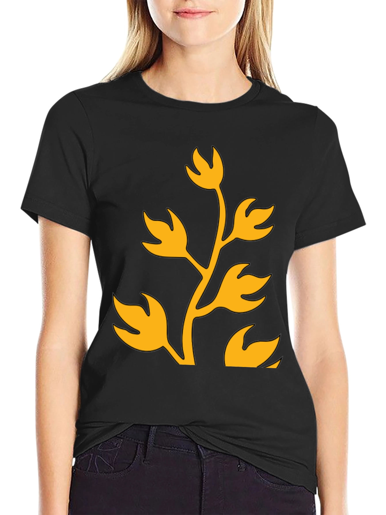 Floral Design T-Shirt - Black with Gold Print