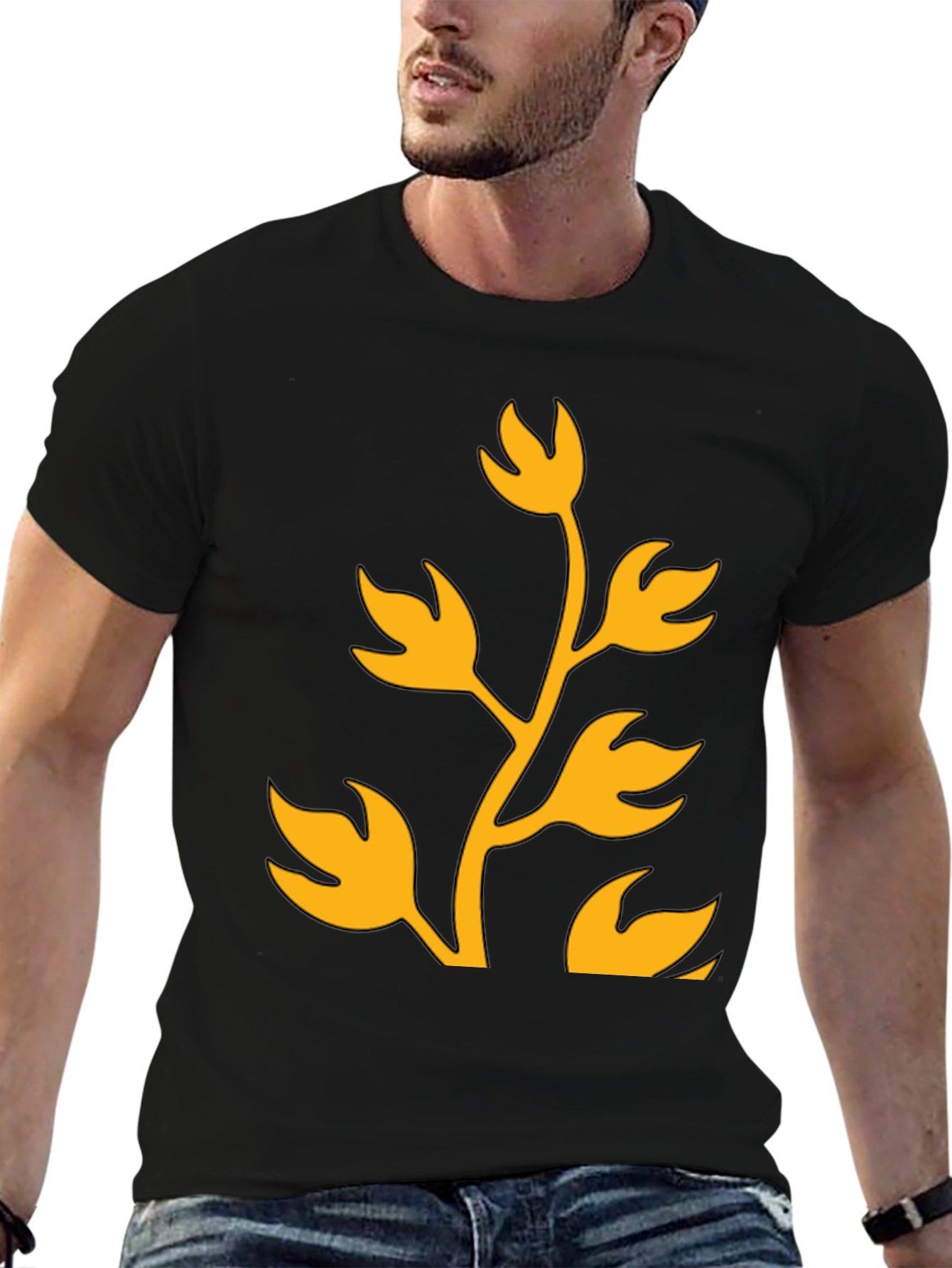 Floral Design T-Shirt - Black with Gold Print