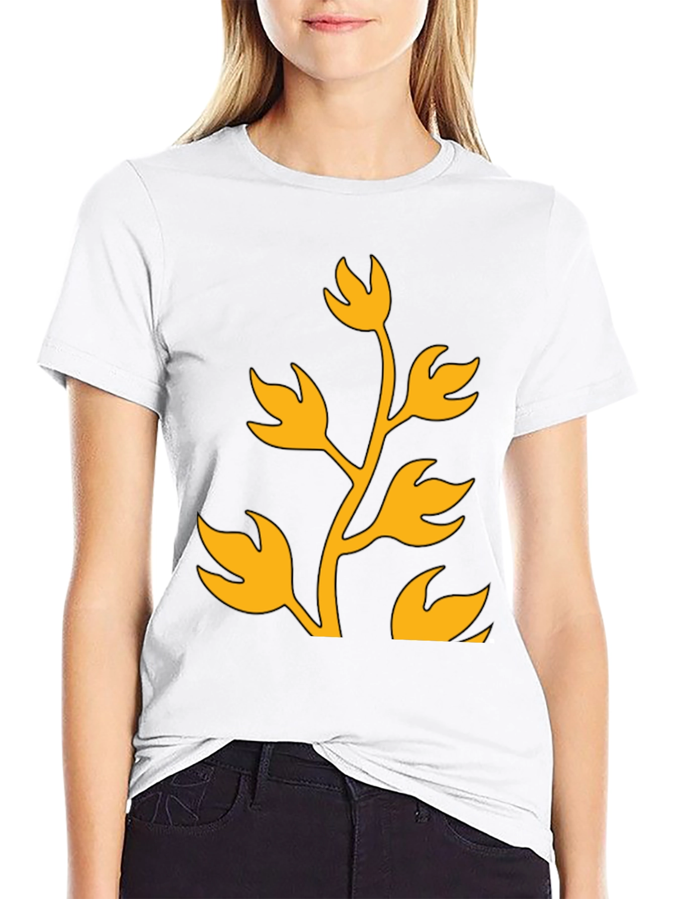 Floral Design T-Shirt - Black with Gold Print
