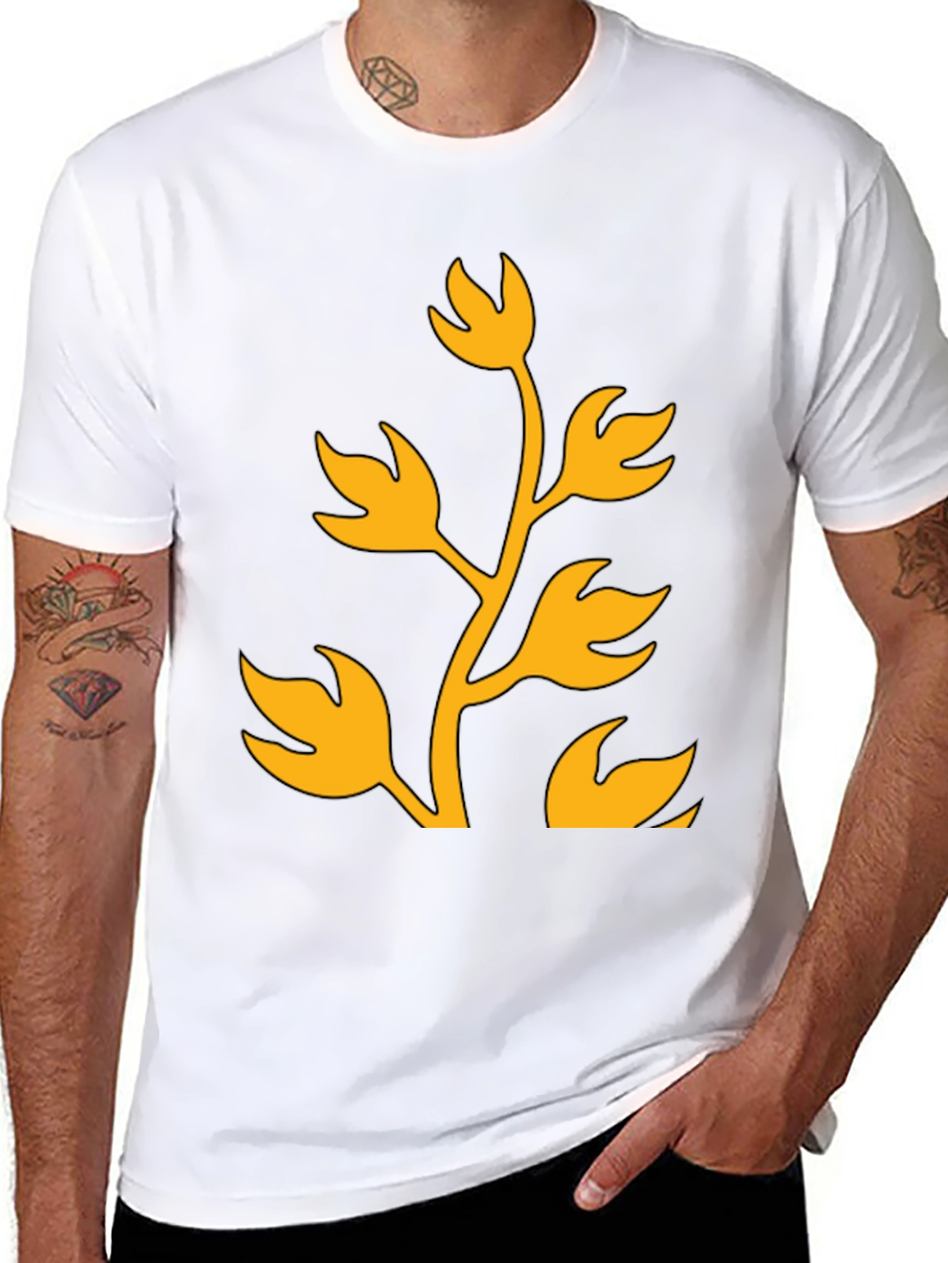 Floral Design T-Shirt - Black with Gold Print