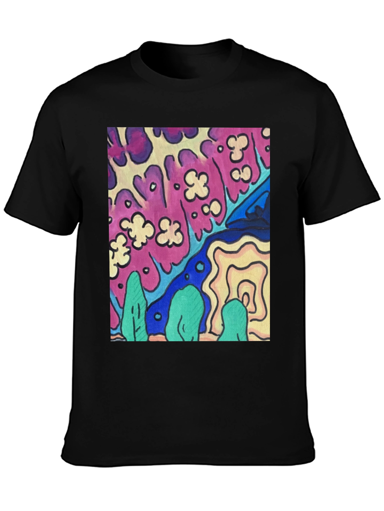 Psychedelic Art Graphic T-Shirt Black Crew Neck Tee