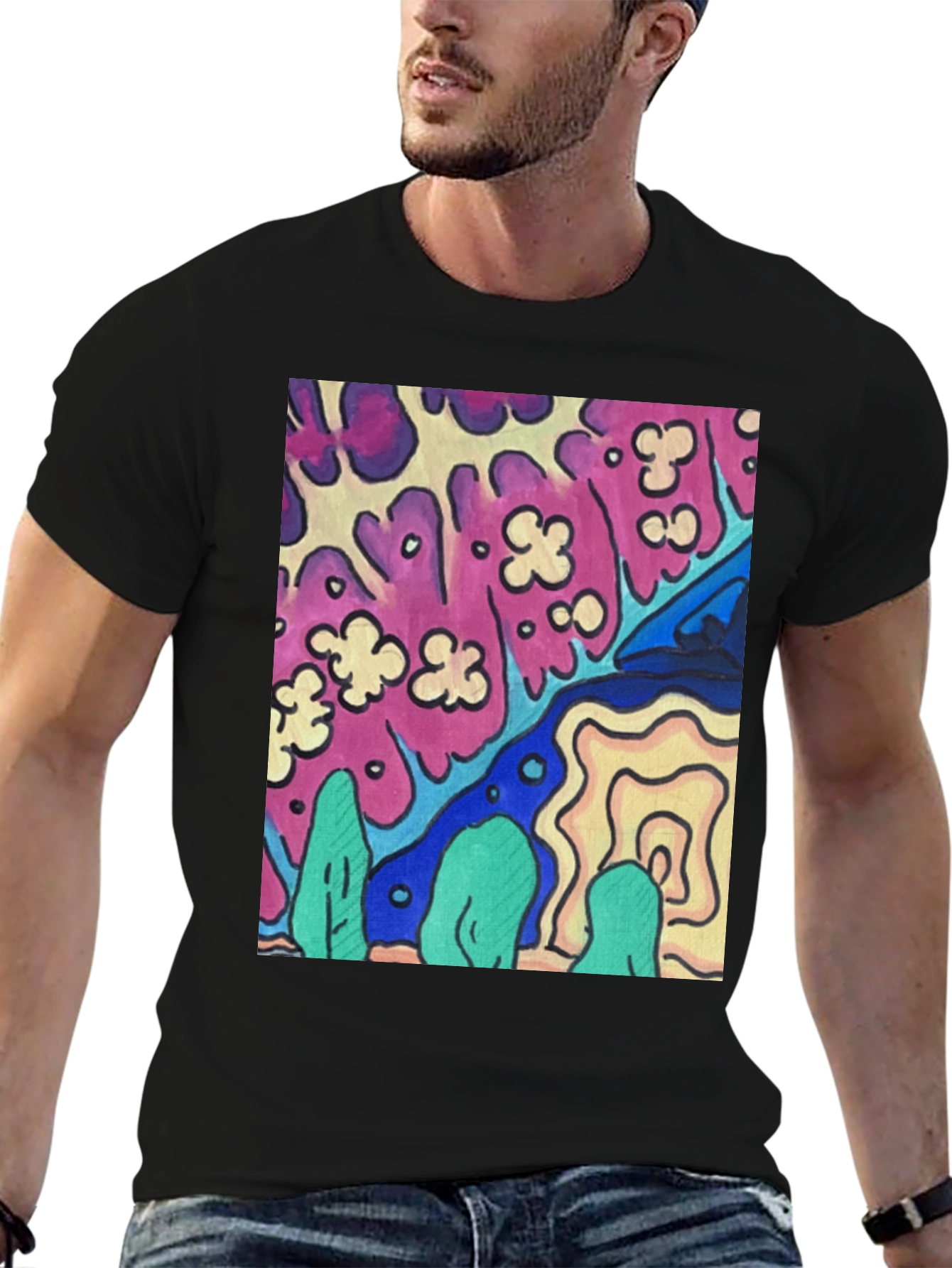 Psychedelic Art Graphic T-Shirt Black Crew Neck Tee