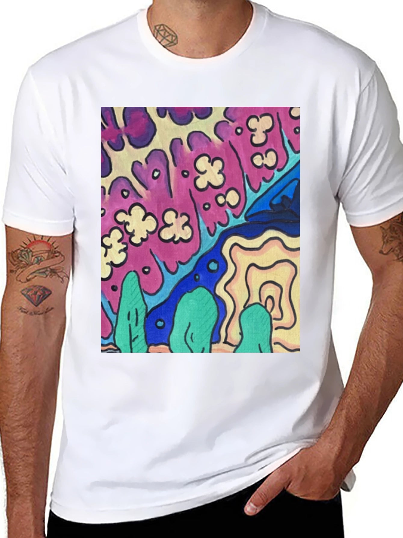 Psychedelic Art Graphic T-Shirt Black Crew Neck Tee