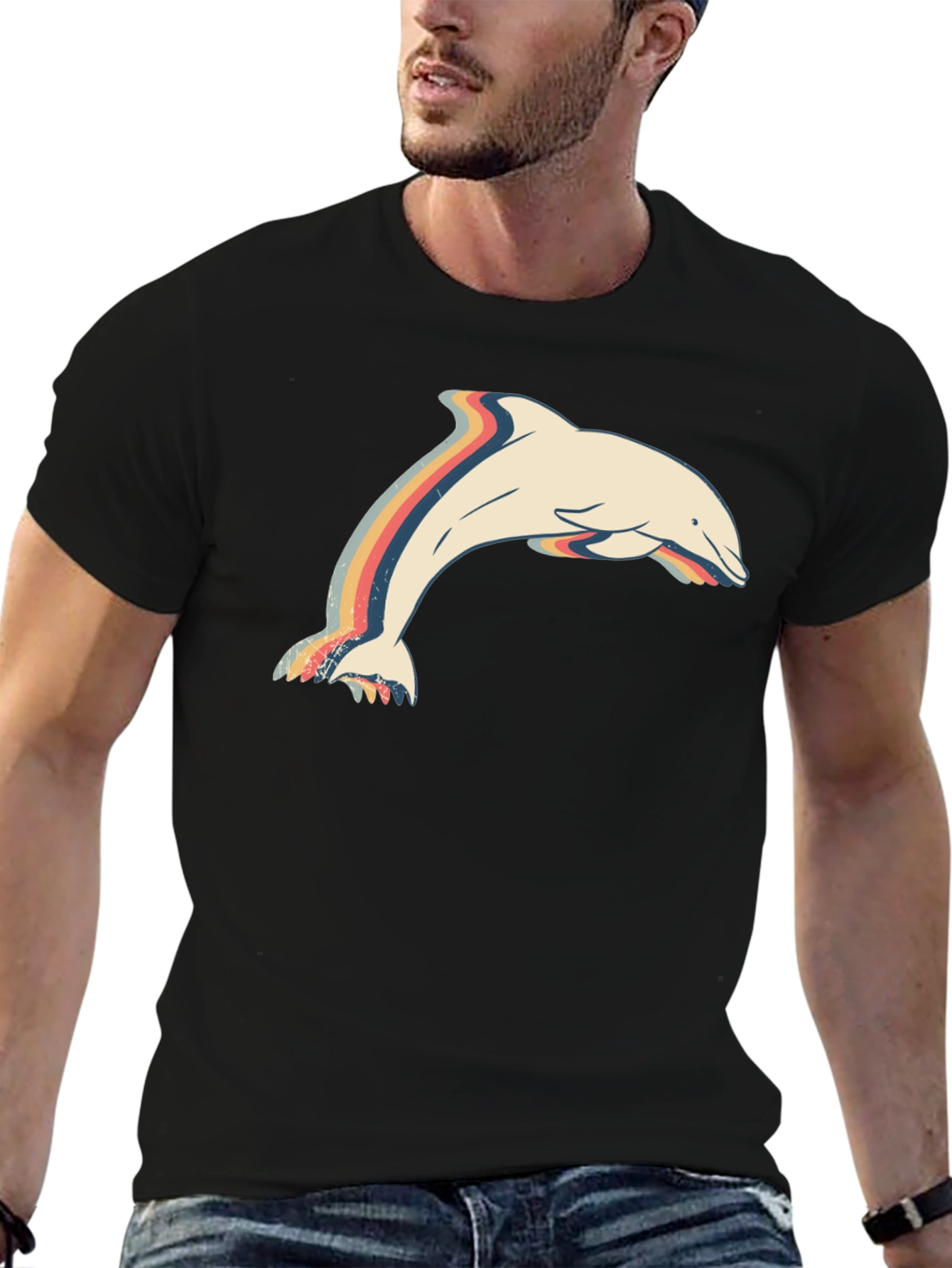 Retro Dolphin Graphic Tee - Stylish Mens Black T-Shirt