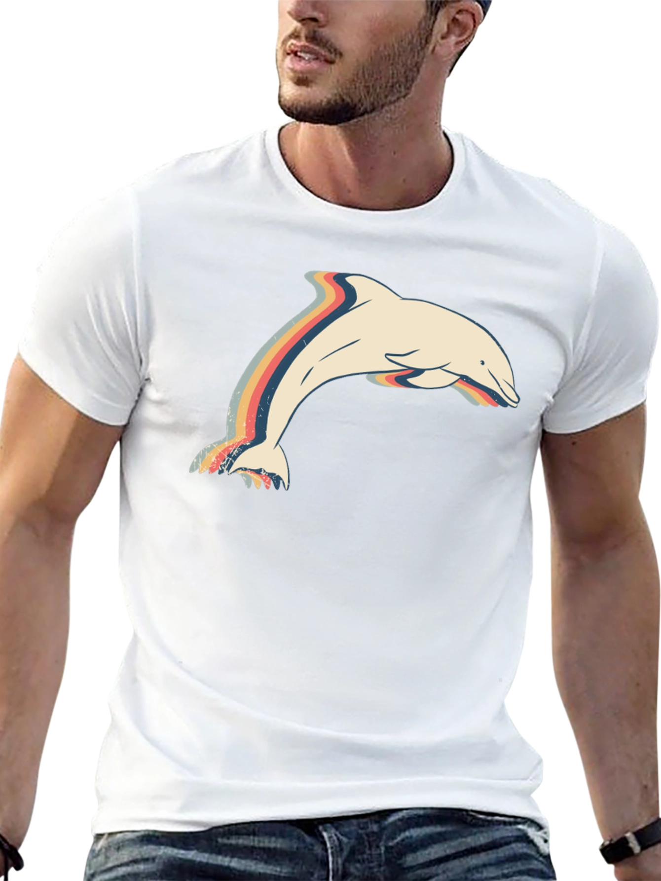 Retro Dolphin Graphic Tee - Stylish Mens Black T-Shirt
