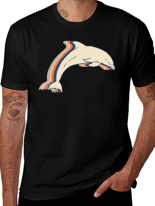 Retro Dolphin Graphic Tee - Stylish Mens Black T-Shirt