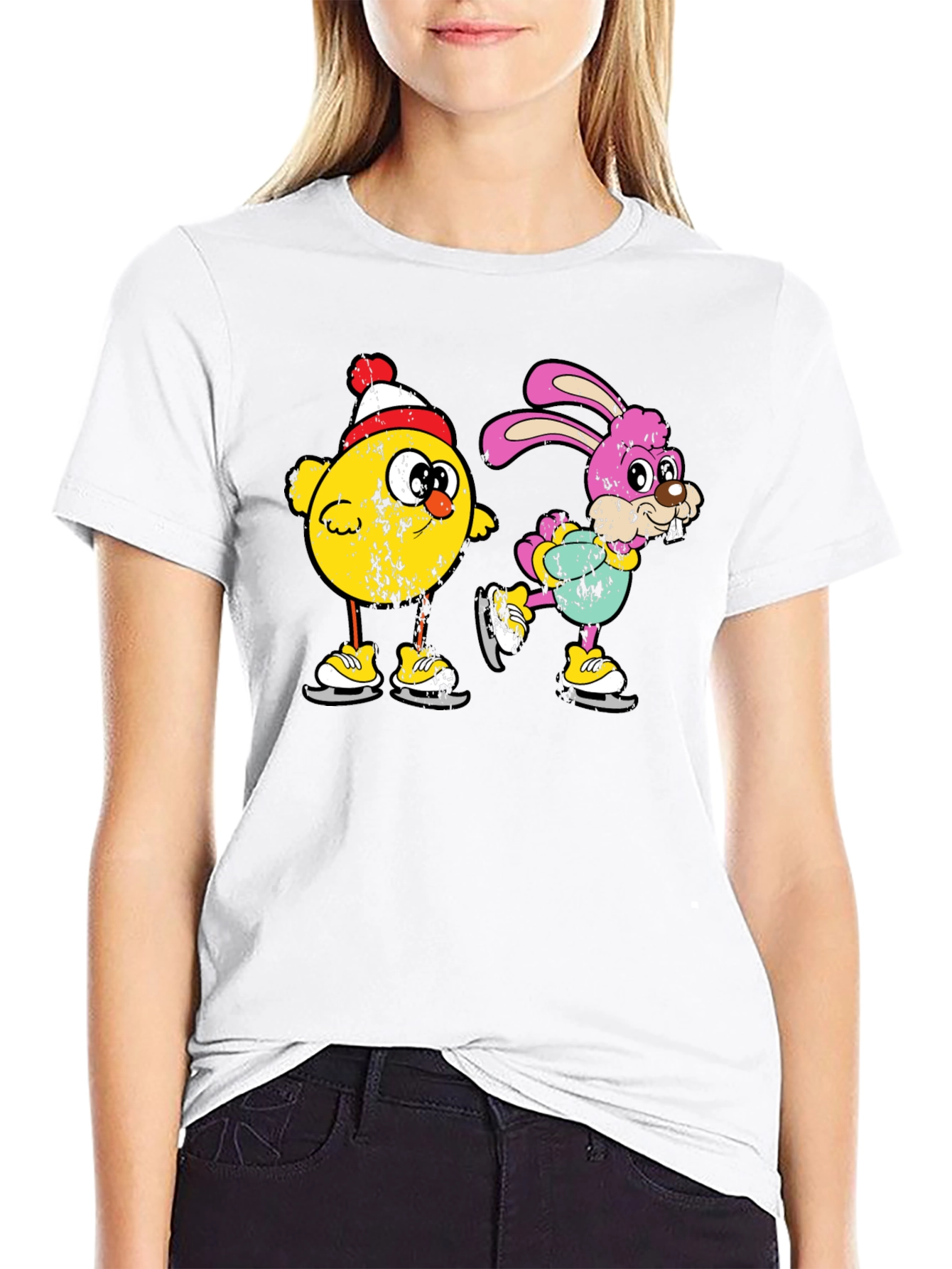 Ice Skating Chick and Bunny Graphic T-Shirt