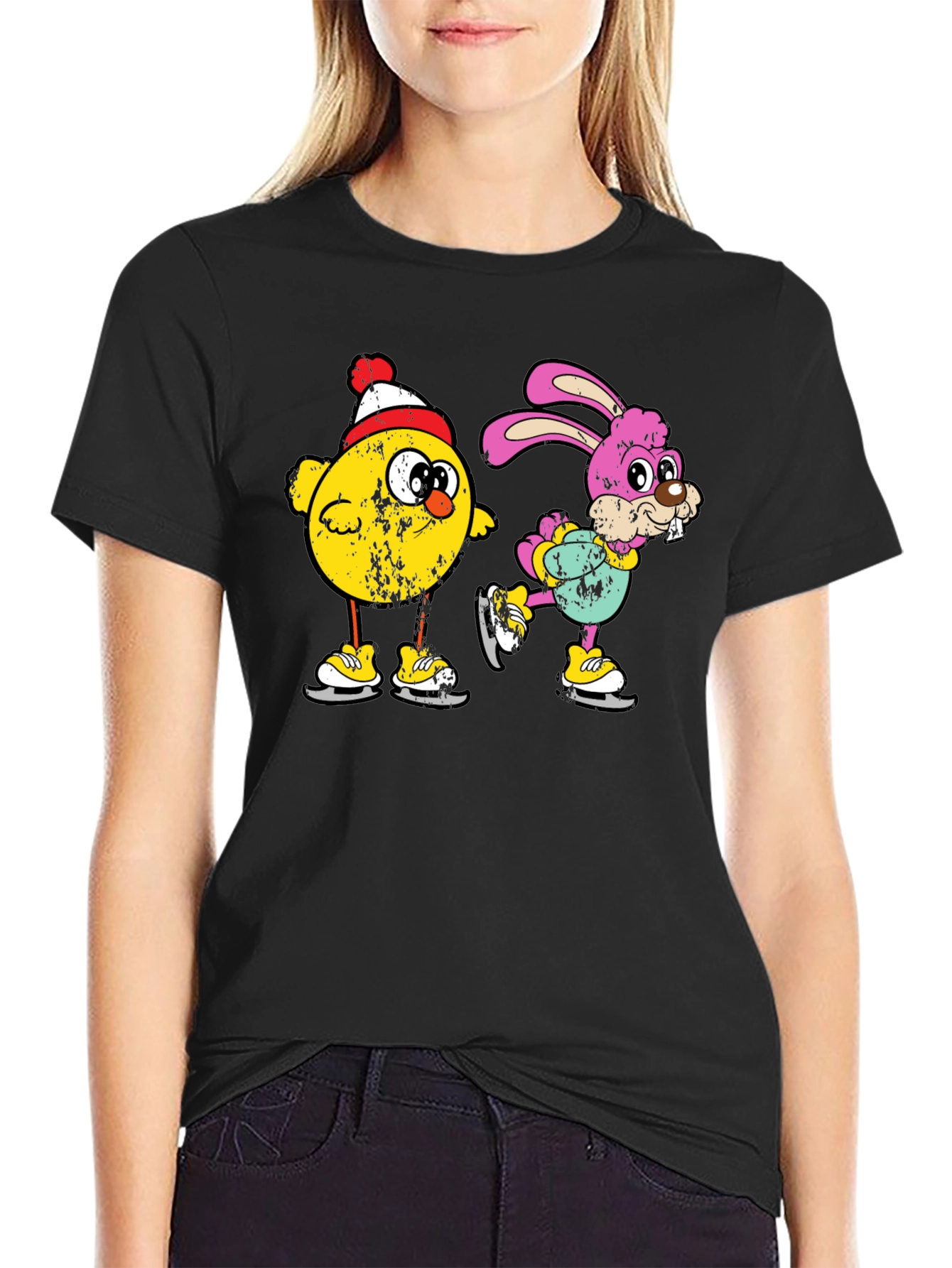 Ice Skating Chick and Bunny Graphic T-Shirt