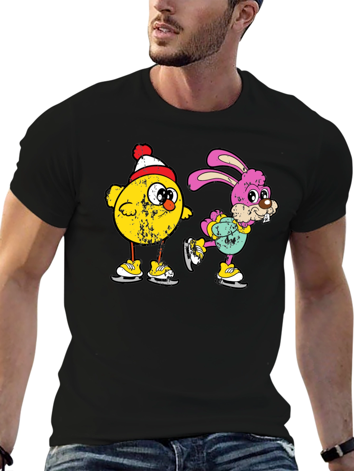 Ice Skating Chick and Bunny Graphic T-Shirt
