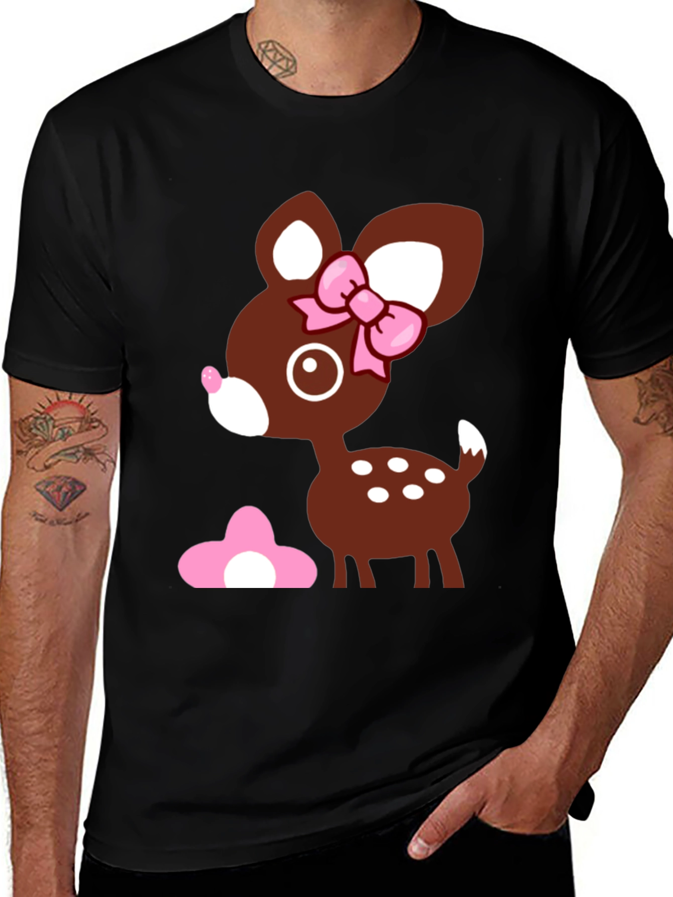 Cute Deer Graphic Tee - Black Cotton T-Shirt