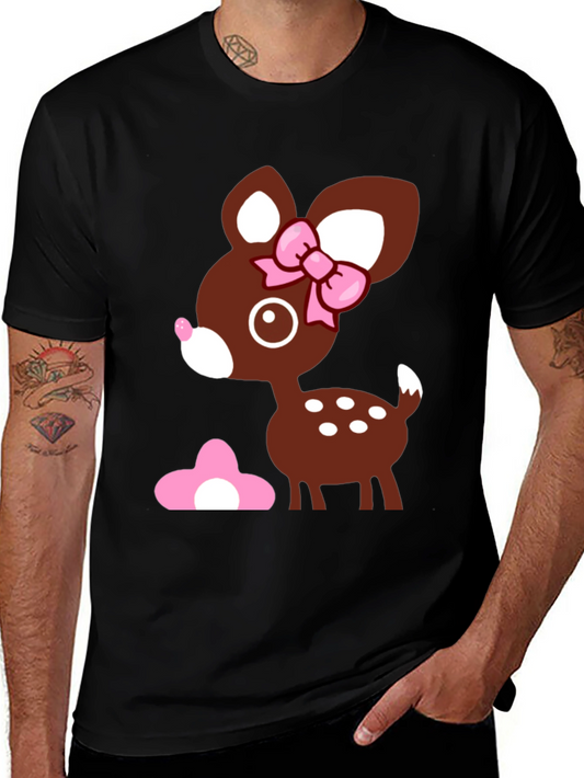 Cute Deer Graphic Tee - Black Cotton T-Shirt