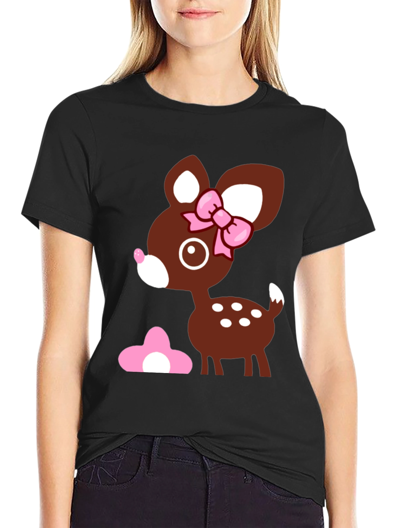 Cute Deer Graphic Tee - Black Cotton T-Shirt