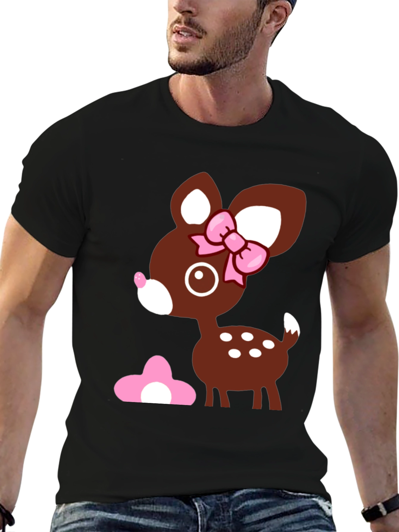 Cute Deer Graphic Tee - Black Cotton T-Shirt