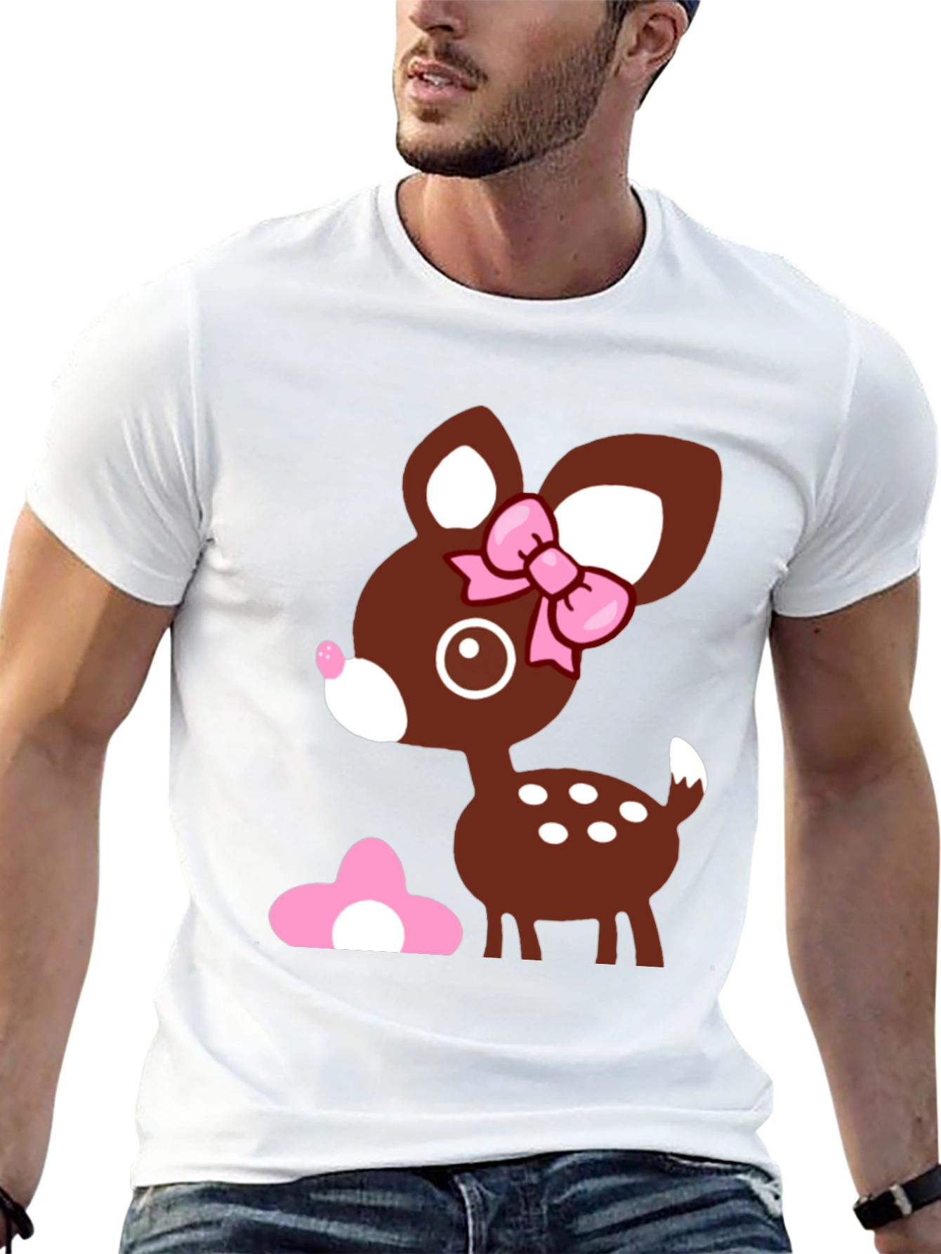 Cute Deer Graphic Tee - Black Cotton T-Shirt