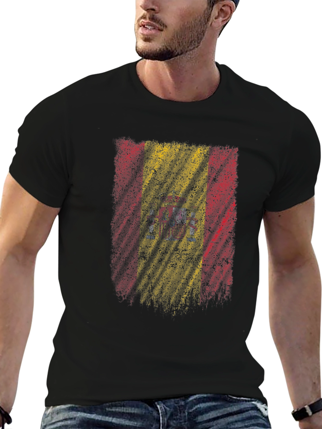 Spain Flag Distressed Mens Black T-Shirt