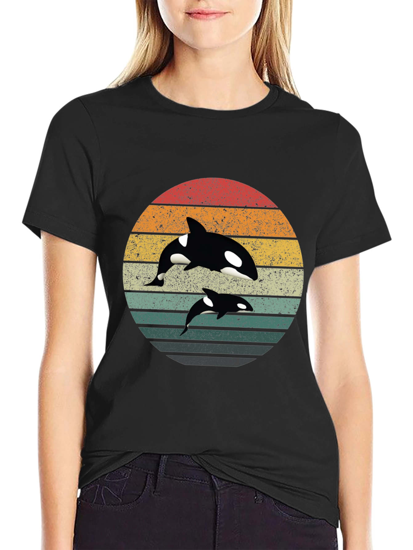 Retro Orca Whale Graphic Tee - Black
