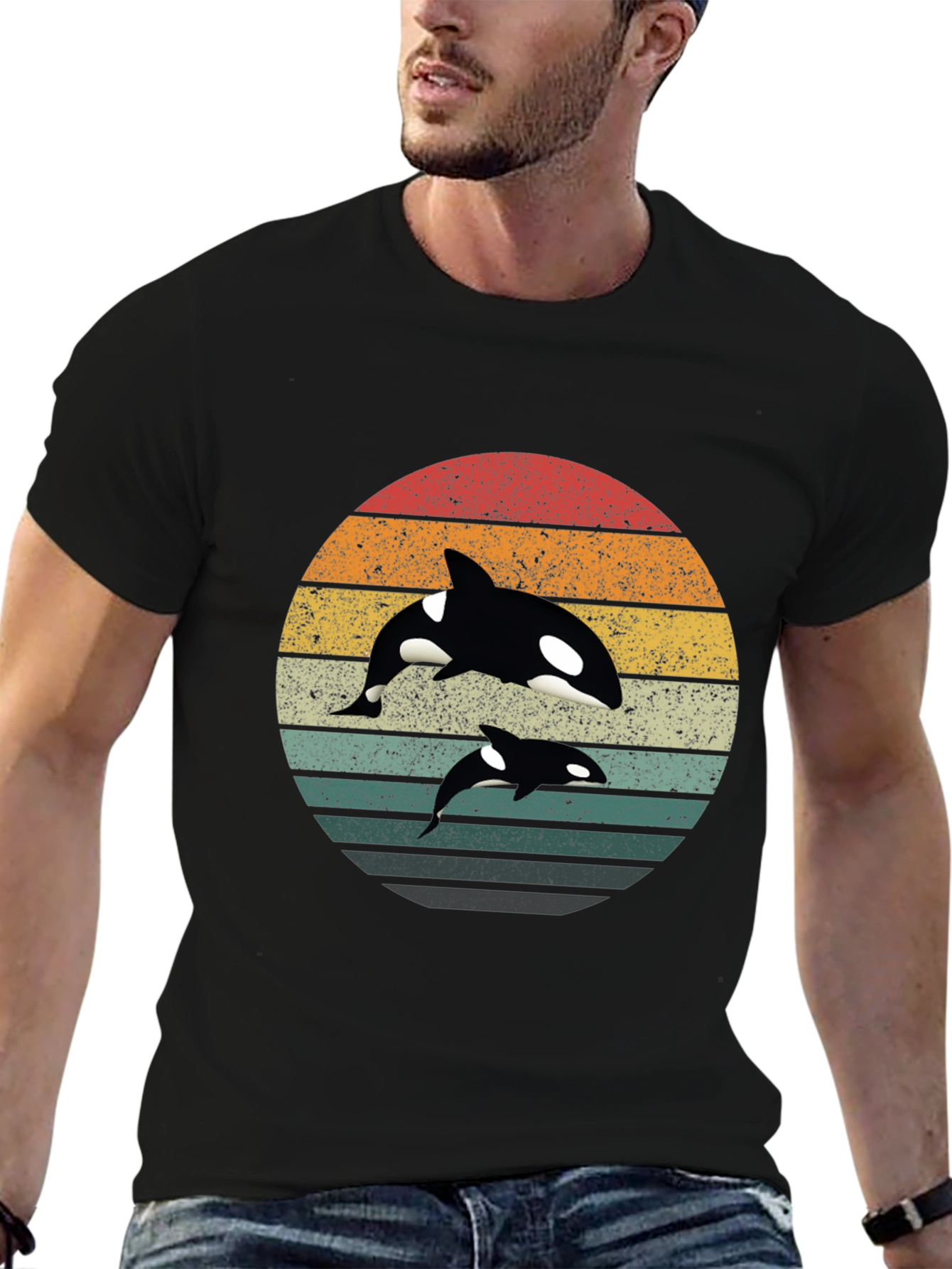 Retro Orca Whale Graphic Tee - Black