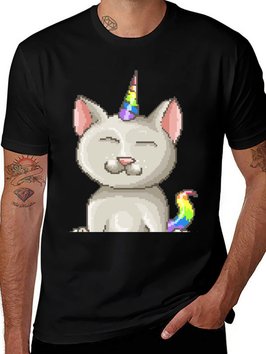 Pixel Cat Unicorn Graphic T-Shirt - Black
