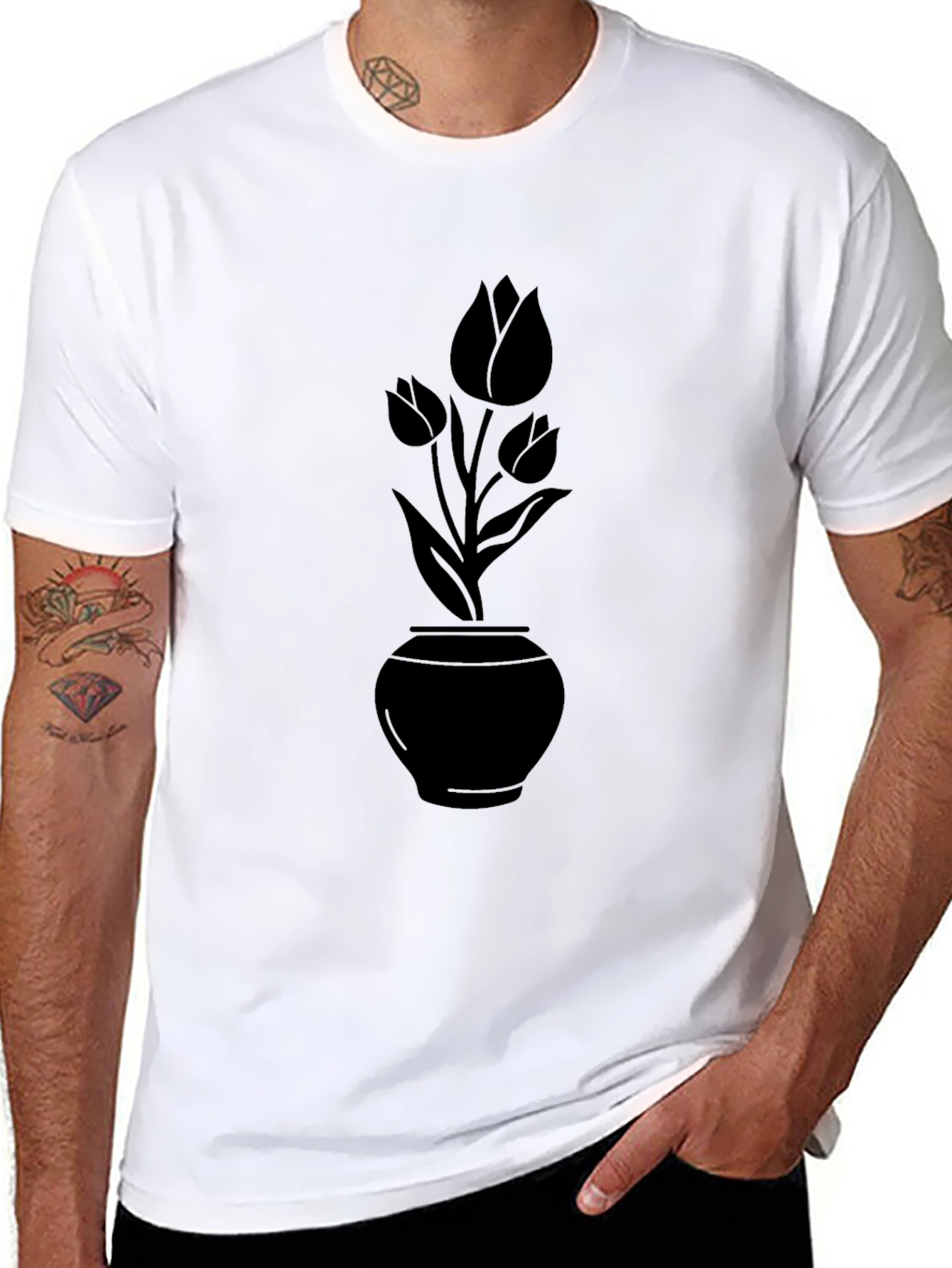 Black Floral Vase T-Shirt - Elegant Casual Wear