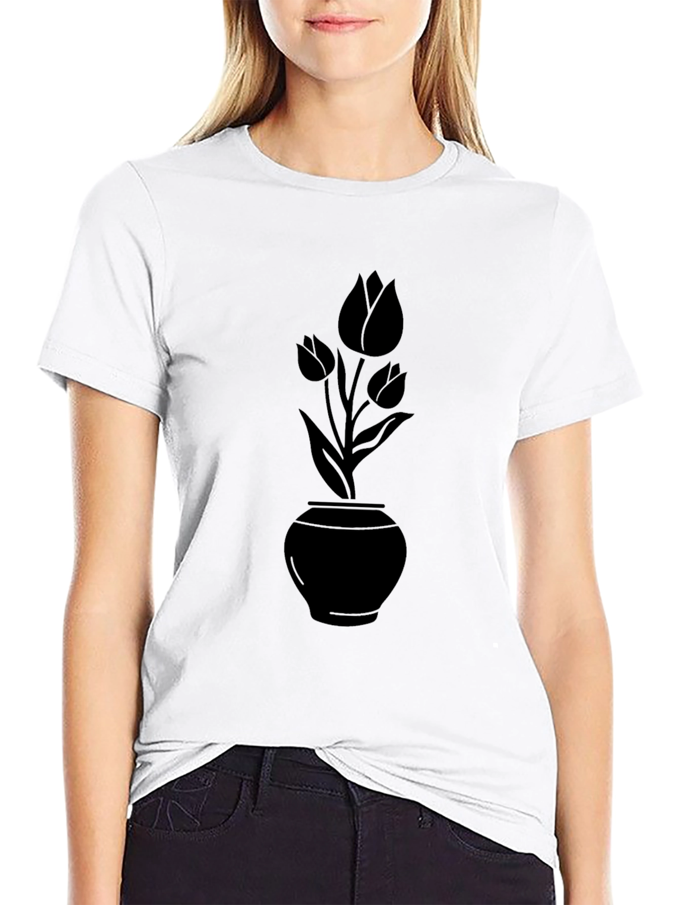 Black Floral Vase T-Shirt - Elegant Casual Wear