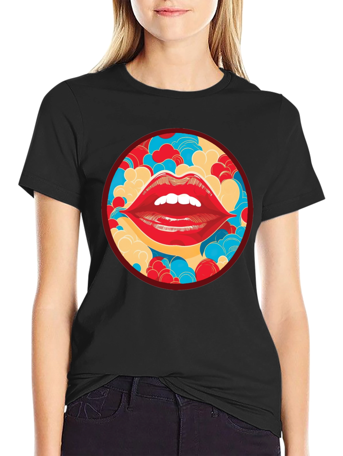 Red Lips Graphic Print Crew Neck T-Shirt