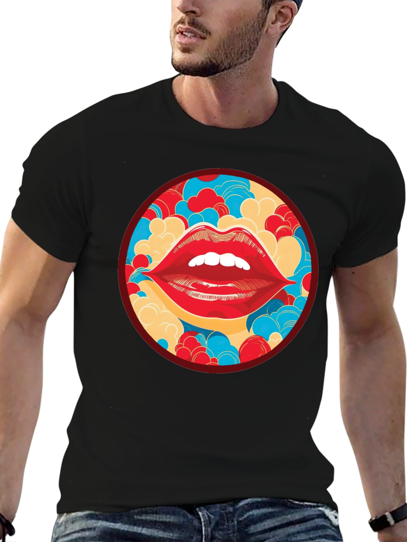 Red Lips Graphic Print Crew Neck T-Shirt