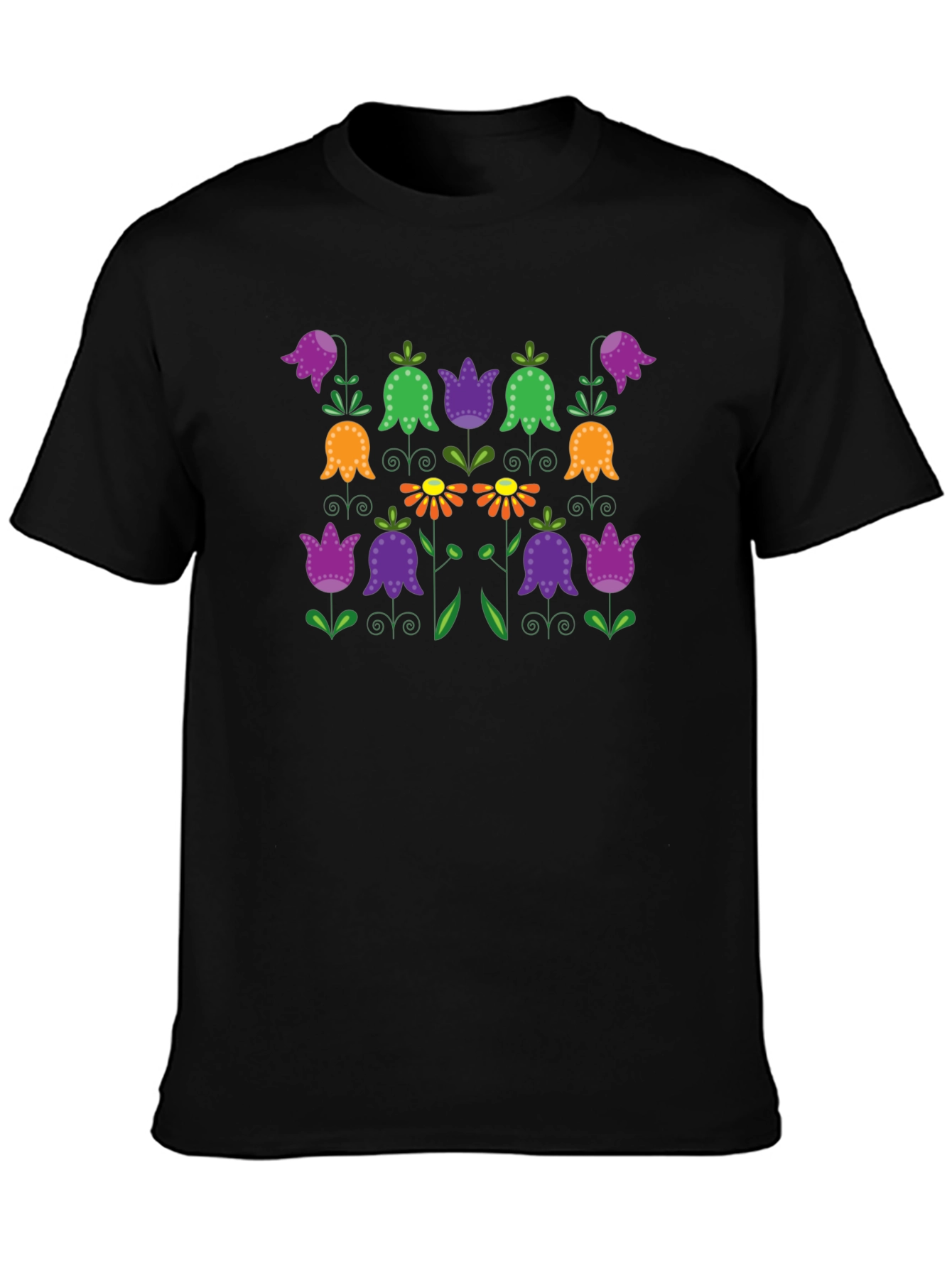 Floral Folk Art Print Black T-Shirt